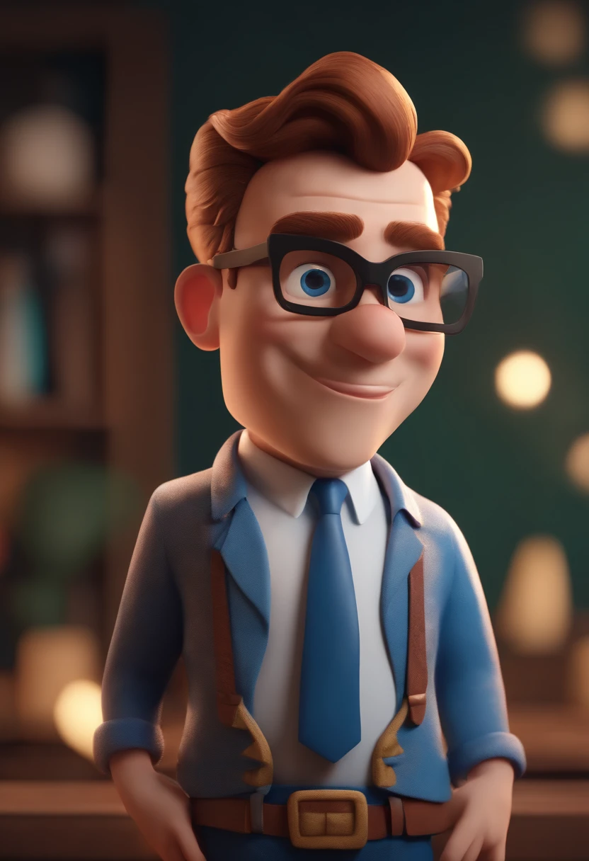 Cartoon character of a man wearing black glasses and a blue shirt, um personagem animado, Caractere estilizado, animation style rendering, 3D estilizado, Arnold Maya render, 3 d render stylized, toon render keyshot, Personagem 3D, Personagem 3D, 3d rendering stylized, 3 d character render, personagem de desenho animado, Personagem de close up, Pose de personagem, (Estilo Pixar) (master part:1.2) (Bokeh) (best quality) (pele detalhada) (textura detalhada) (8k) (argila) (Cinematic lighting) (foco nítido,Senta e vaza a parte superior do corpo