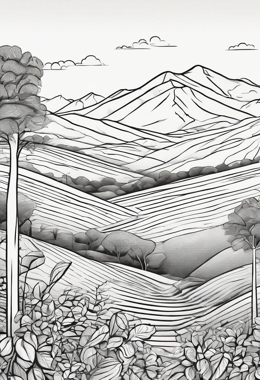 Create an image of a coffee farm with bucolic landscape and mountains behind