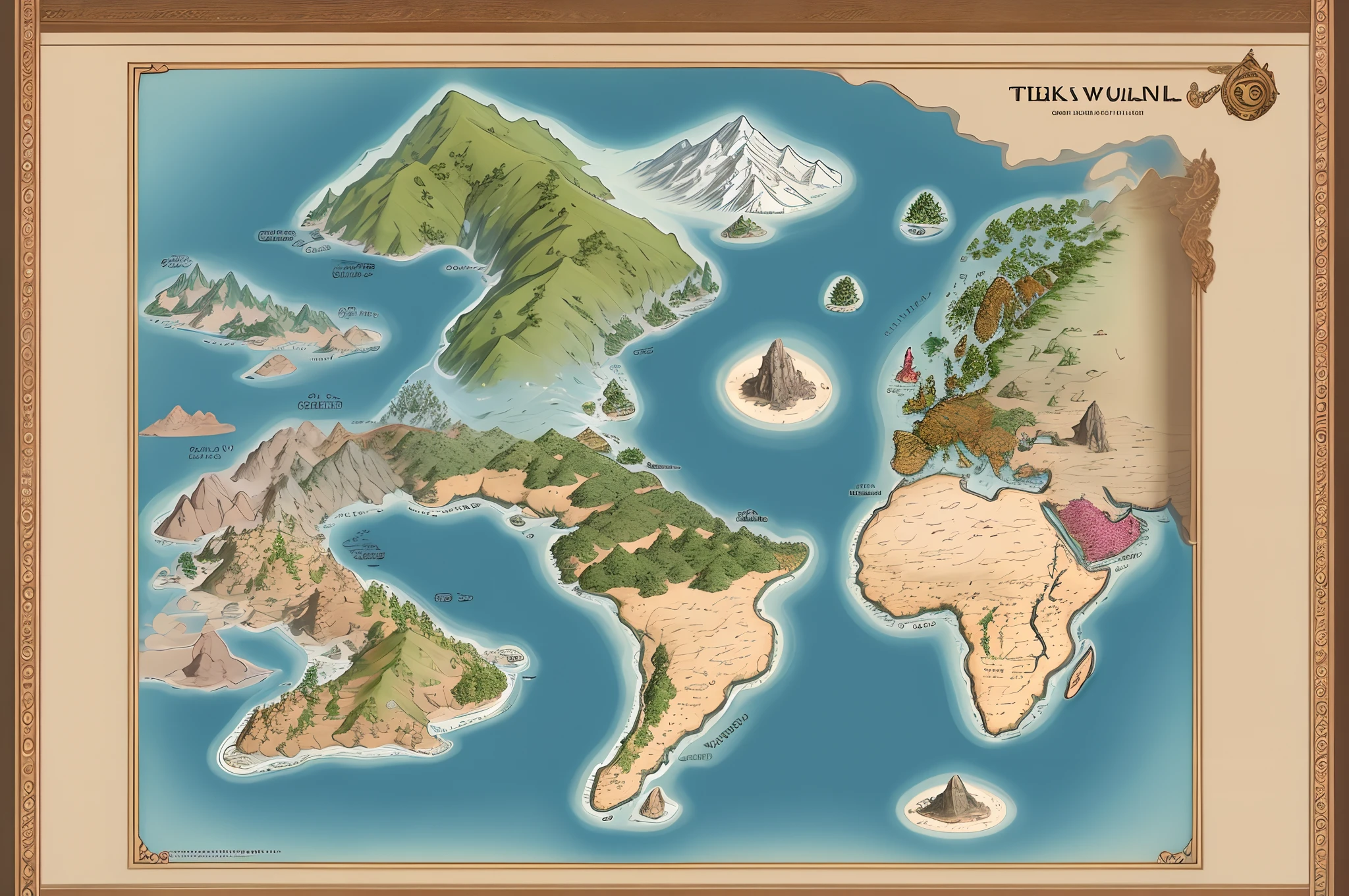 Mapa em folha, mundo, Middle-earth Tokkien World Style, varios continentes pequenos