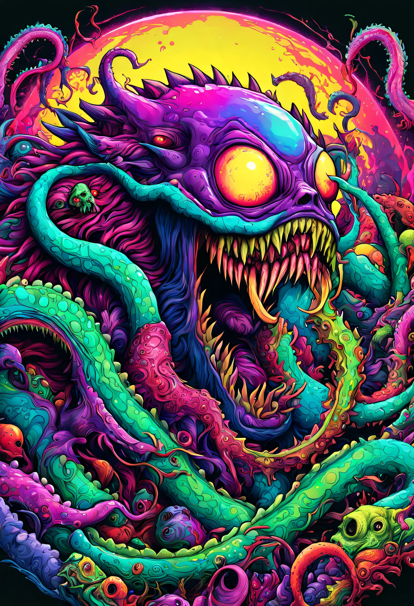 ((master psychedelic laughing monster 2D)), hyper beast, colorfull, High detailed, Saturated colors, tentacles, zombies, blood, dark, carnage, guns, Color magic, vaporwave style, ((Poster)) surrealism, print csgo, hyper beast, hyper monster, a monster inside crystal clear translucent perfect sphere, sunset, mountains, rainforest, (head body photo), (((brock hofer style))), hyper beast, hyper monster, monster, ((colorfull, High detailed, Saturated colors, tentacles, zombies, blood, dark, carnage, guns, Color magic, vaporwave style)), Highly intricate technicolor, ultra detailed colorful art, very detailed and colorful, highly detailed bright colors, highly intricate and colorful, Colorful!! highly detailed, colorful hyper-detailed, full of colors and rich details, highly detailed colors, scary detailed art in colors, psychedelic art style, detailed digital illustration, 16k, 8k, 4k wallpaper uhd hdr.