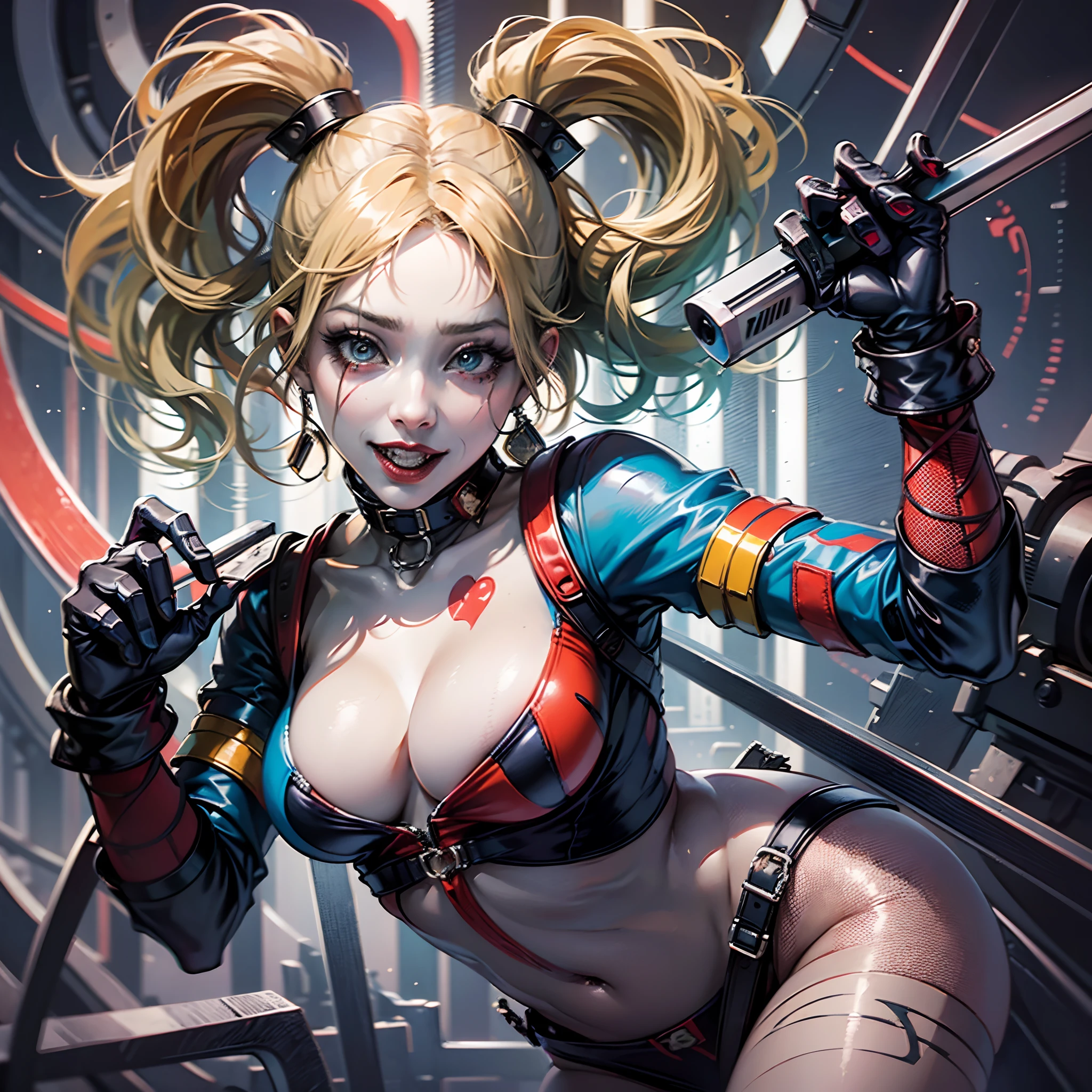 harley Quinn, full body, best quality, ultra-detailed, vibrant colors, realistic lighting, portraits, intense gaze, seductive smile, detailed makeup, playful and mischievous expression, dinamic poses, stylish costumes, energetic and lively atmosphere, diverse and enthusiastic crowd, seductive and provocative posture, powerful and confident presence, small boobs --auto --s2