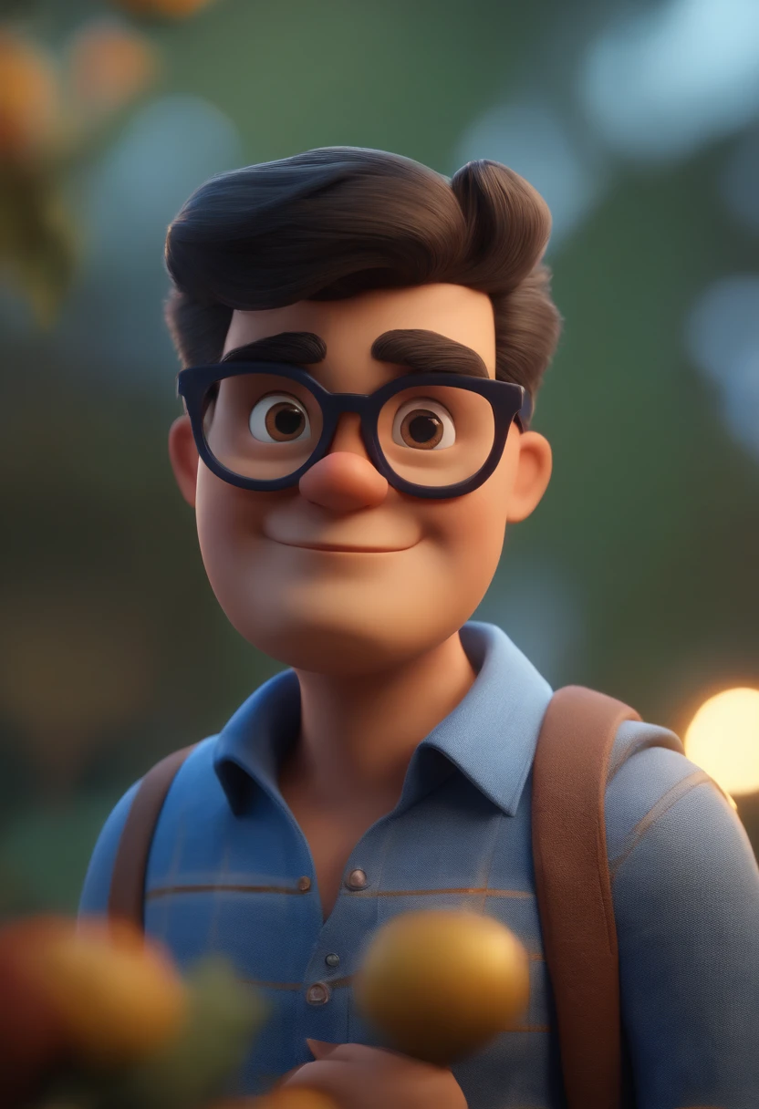 Cartoon character of a man wearing black glasses and a blue shirt, um personagem animado, Caractere estilizado, animation style rendering, 3D estilizado, Arnold Maya render, 3 d render stylized, toon render keyshot, Personagem 3D, Personagem 3D, 3d rendering stylized, 3 d character render, personagem de desenho animado, Personagem de close up, Pose de personagem, (Estilo Pixar) (master part:1.2) (Bokeh) (best quality) (pele detalhada) (textura detalhada) (8k) (argila) (Cinematic lighting) (foco nítido，Senta e vaza a parte superior do corpo