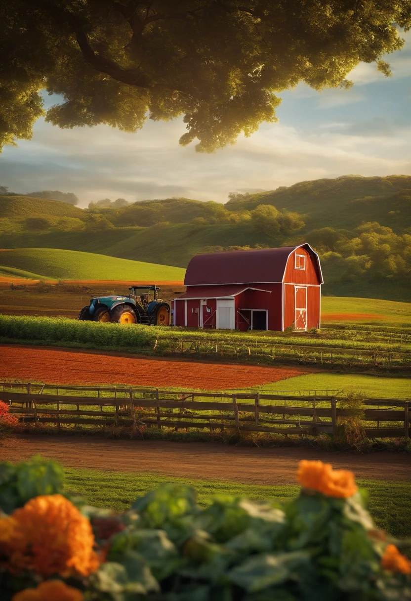Uma galinha no estilo Pixar segurando uma placa escrito f.c ovos em um terreno agricula