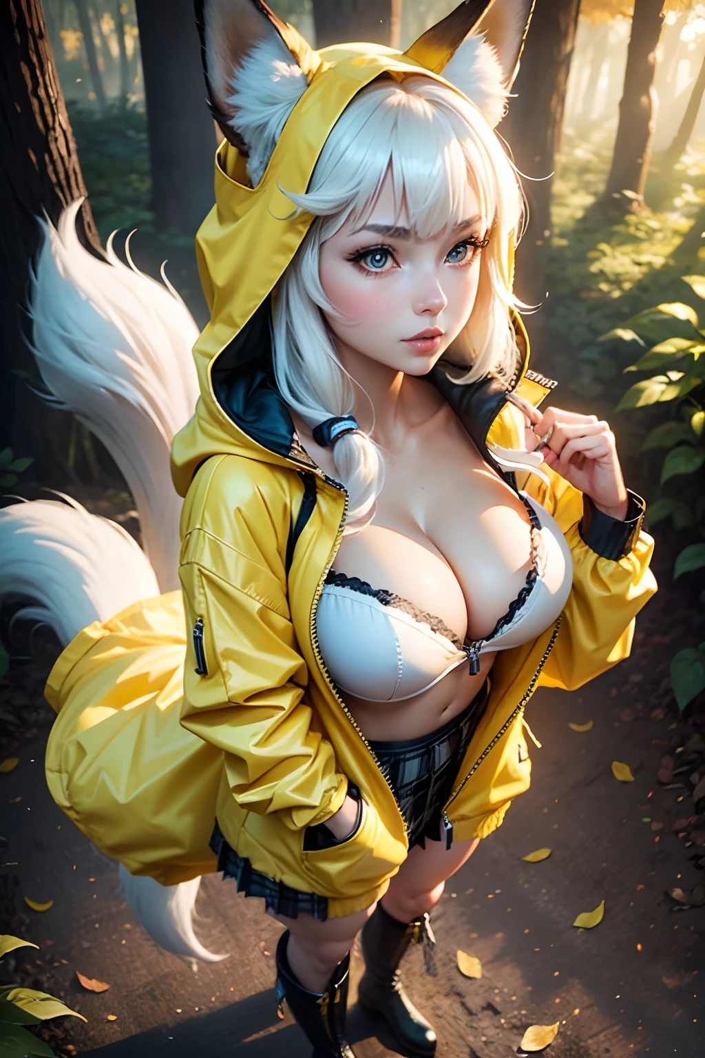 (best quality, 4k, 8k, highres, masterpiece:1.2),ultra-detailed,detailed face,realistic in the style of Boris Vallejo,BREAK BLARKY beautiful caucasian woman with very long straight white hair,(yellow eyes),fair skin,expressive face,attractive appearance,animal ear fluff,animal ears,extra ears,fox ears,fox girl,fox tail,long hair,bangs,hair between eyes,large breasts,blush,BREAK (yellow theme:1.4),(oversized and baggy yellow outerwear:1.3),(fusion of yellow windbreaker and yellow hoodie:1.4),(yellow Nylon:1.4),((zipper, large pocket):1.3),BREAK (black and white plaid-pattern pleated-skirt:1.2),(black platform HIGH boots:1.2),(black blouse),(unbuttoned)(cleavage:1.3),(white bra:1.4),BREAK 1girl, the girl is taking a stroll, (through the woods:1.2) with a (Japanese temple in the distance), sunlight streaming through the trees, casting a golden glow, serene atmosphere, soft breeze rustling leaves, tranquil setting, harmony between nature and architecture, traditional wooden structures, autumn leaves showering the path, traditional Japanese garden with koi pond, crystal-clear reflection in the pond, (full body).