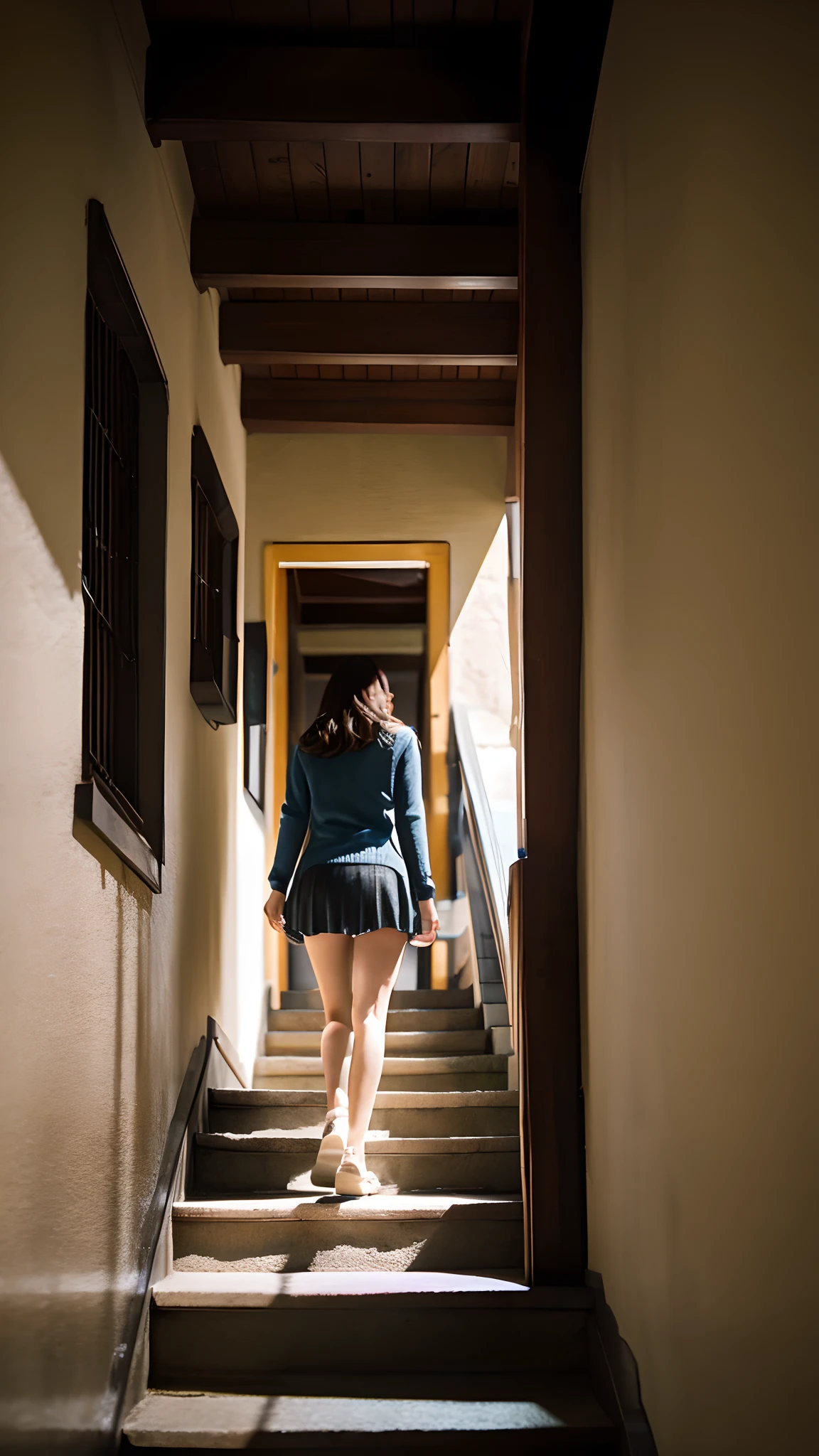 Girl Walking Down The Stairs、A photo that looks like a voyeur from below、Realistic。Girl is wearing a miniskirt。
