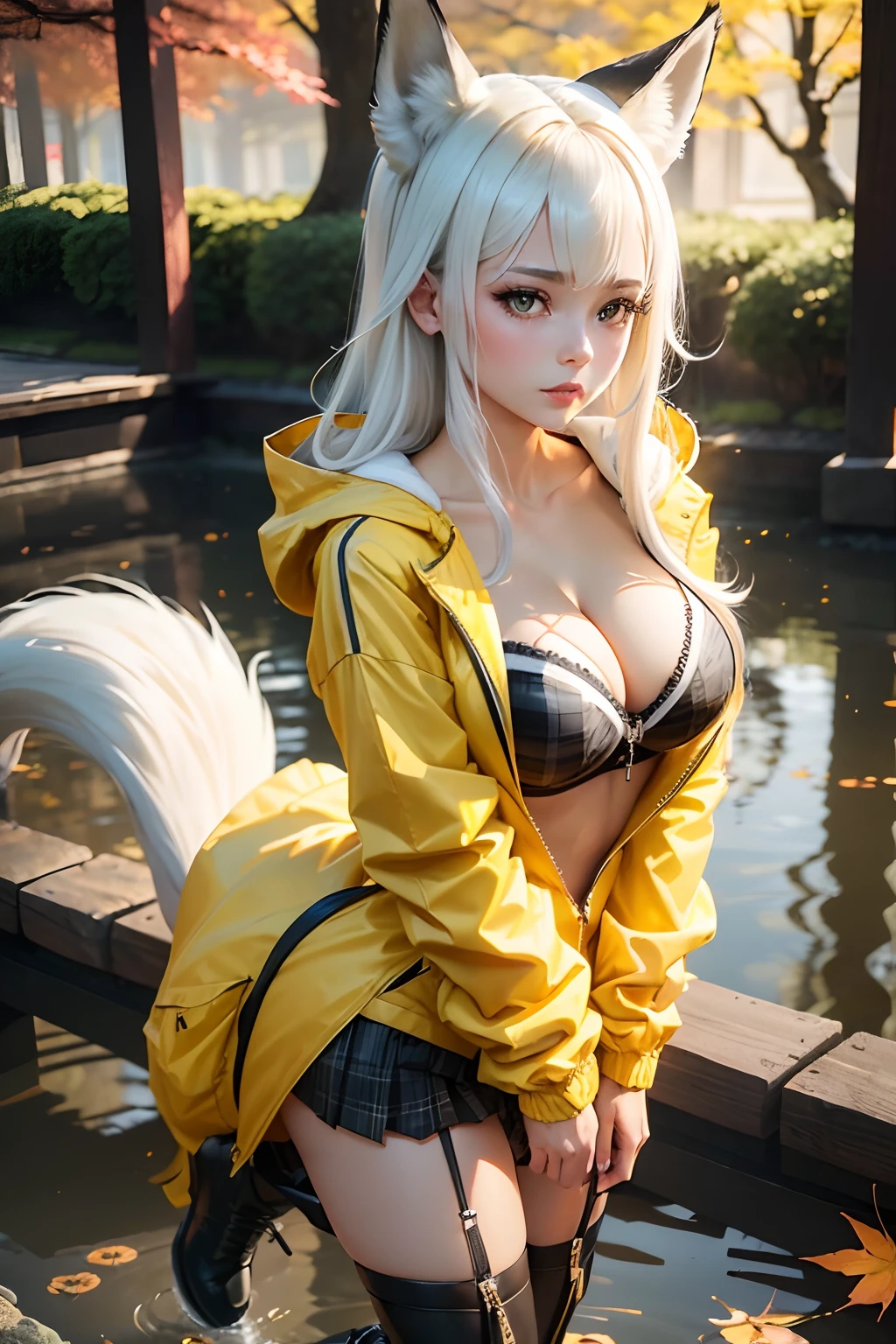 (best quality, 4k, 8k, highres, masterpiece:1.2),ultra-detailed,detailed face,realistic,BREAK BLARKY beautiful caucasian woman with very long straight white hair,(yellow eyes),fair skin,expressive face,attractive appearance,animal ear fluff,animal ears,extra ears,fox ears,fox girl,fox tail,long hair,bangs,hair between eyes,large breasts,blush,BREAK (yellow theme:1.4),(oversized and baggy yellow outerwear:1.3),(fusion of yellow windbreaker and yellow hoodie:1.4),(yellow Nylon:1.4),((zipper, large pocket):1.3),BREAK (black and white plaid-pattern pleated-skirt:1.2),(black platform HIGH boots:1.2),(cleavage:1.3),(white bra:1.4),BREAK (a girl:1.1, beautiful:1.2) taking a stroll, (through the woods:1.2) with a (Japanese temple) in the distance, (sunlight streaming through the trees, casting a golden glow), (lush green foliage), (serene atmosphere), (birds chirping in the background), (peaceful ambience), (soft breeze rustling leaves), (tranquil setting), (harmony between nature and architecture), (traditional wooden structures), (intricate carvings on the temple), (autumn leaves showering the path), (traditional Japanese garden with koi pond), (crystal-clear reflection in the pond), (stunning and picturesque scenery).