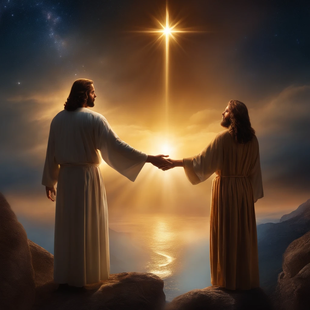 JESUS holding someone's hand. Make a high god with lots of light around, e estrelas.
