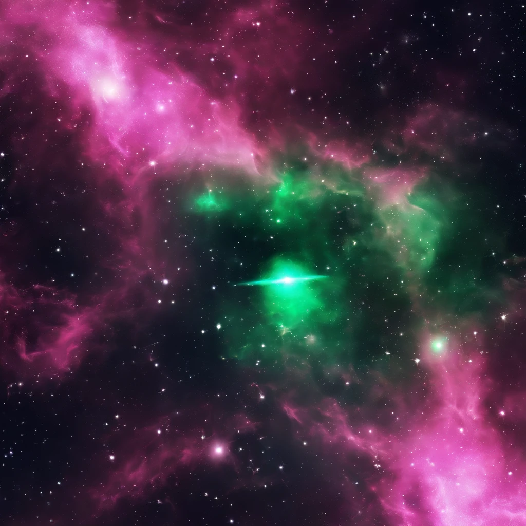 (highres:1.2),16:9 sized pink nebula,green details,black hole background,stars