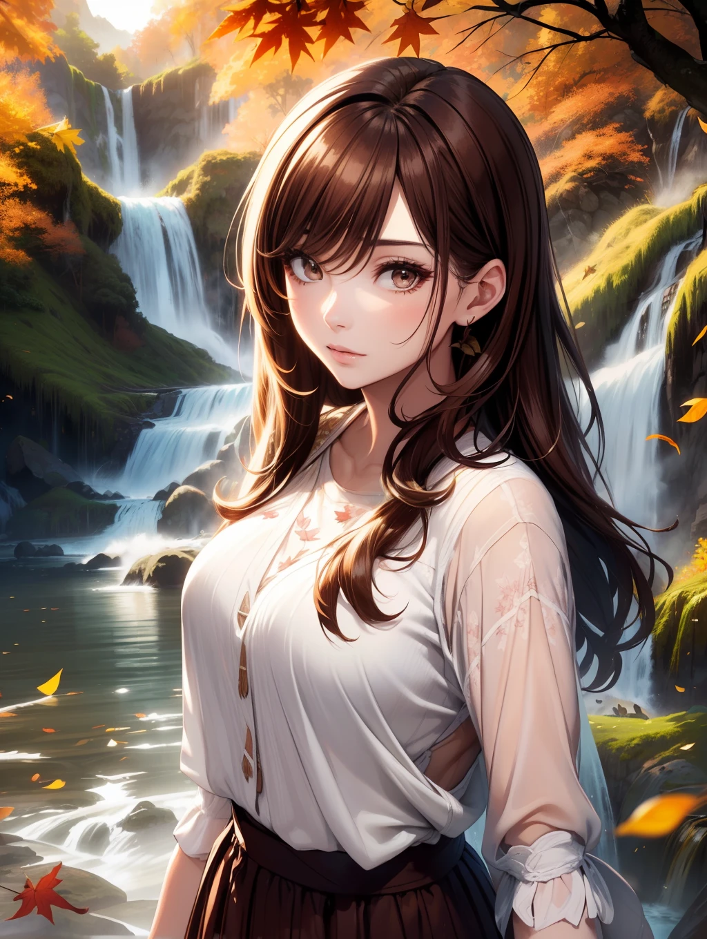 Best Quality, masutepiece, beautiful mature women、Beautiful face、Strong-minded woman、(Autumn outfit)、brown haired、(Brown-eyed)、Longhaire、Undersized eyes、(((Colored leaves、In front of a large waterfall)))、the morning sun