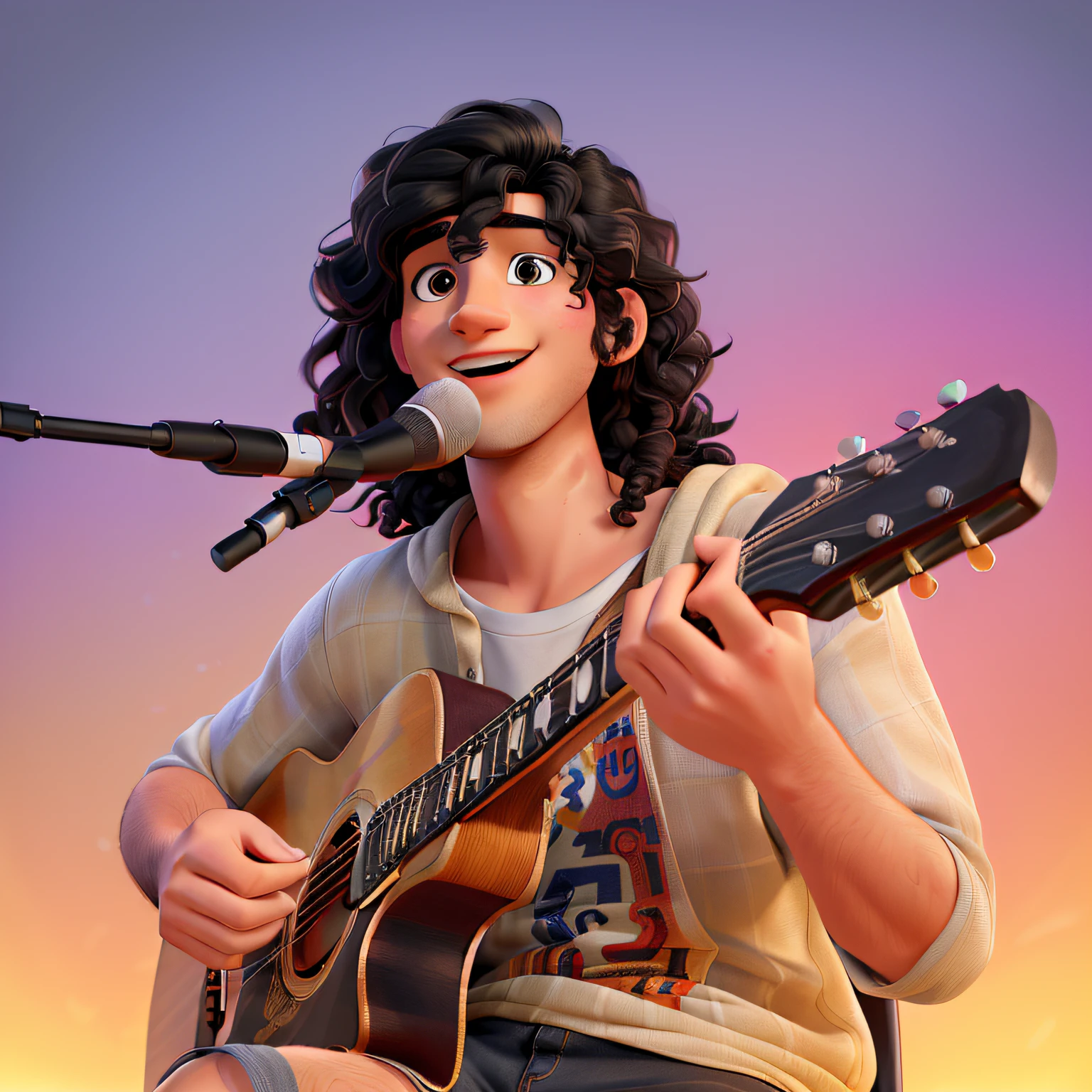 (best quality, highres, masterpiece:1.2), ultra-detailed, realistic, Disney Pixar style,White young man with a long curly black hair, defined facial features, expressive eyes, detailed lips, singing, playing guitar, artistic rendering, studio lighting, vivid colors, sharp focus, happy expression, playful background, fine brush strokes
