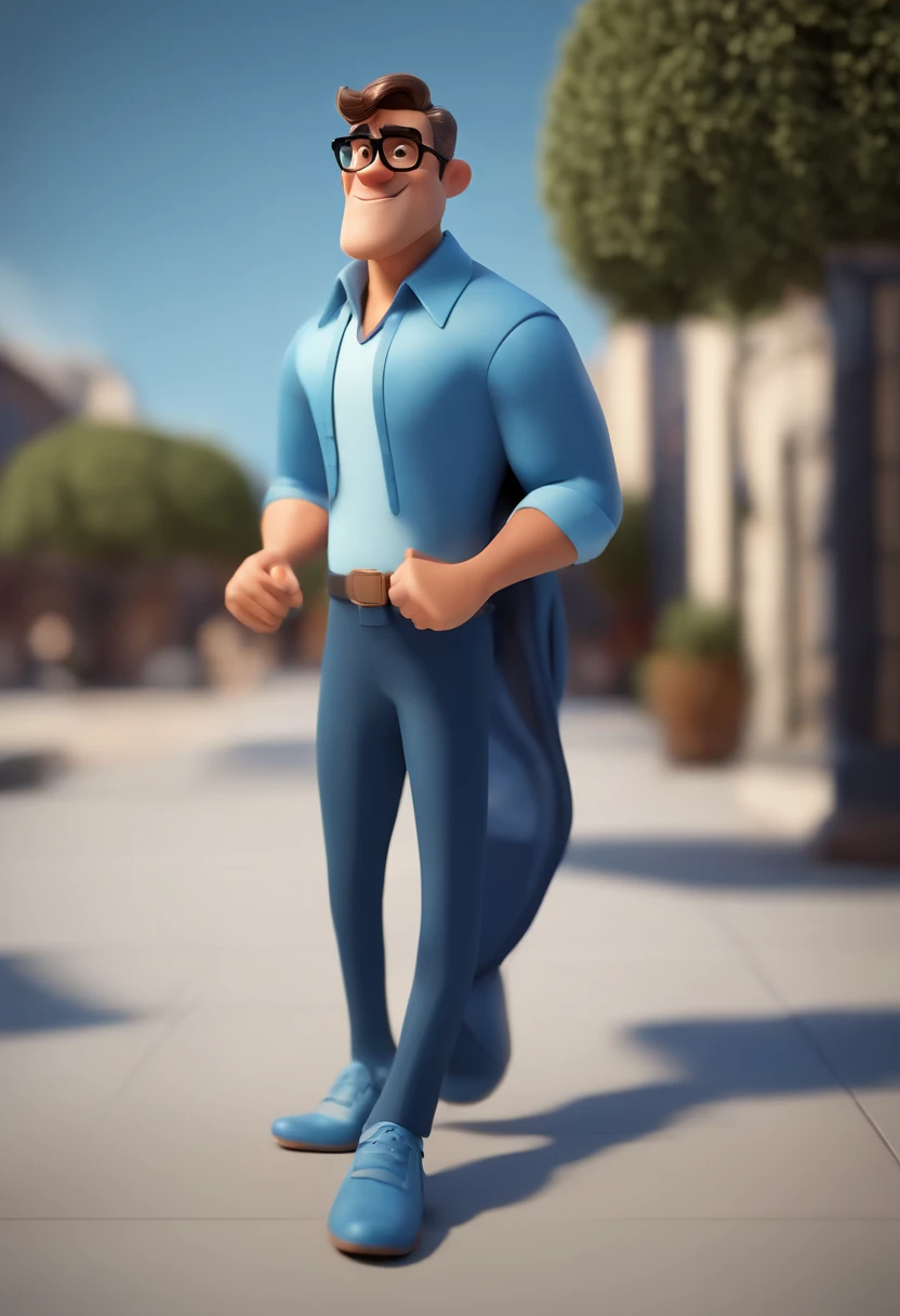 Cartoon character of a man wearing black glasses and a blue shirt, um personagem animado, Caractere estilizado, animation style rendering, 3D estilizado, Arnold Maya render, 3 d render stylized, toon render keyshot, Personagem 3D, Personagem 3D, 3d rendering stylized, 3 d character render, personagem de desenho animado, Personagem de close up, Pose de personagem, (Estilo Pixar) (master part:1.2) (Bokeh) (best quality) (pele detalhada) (textura detalhada) (8k) (argila) (Cinematic lighting) (foco nítido，Senta e vaza a parte superior do corpo