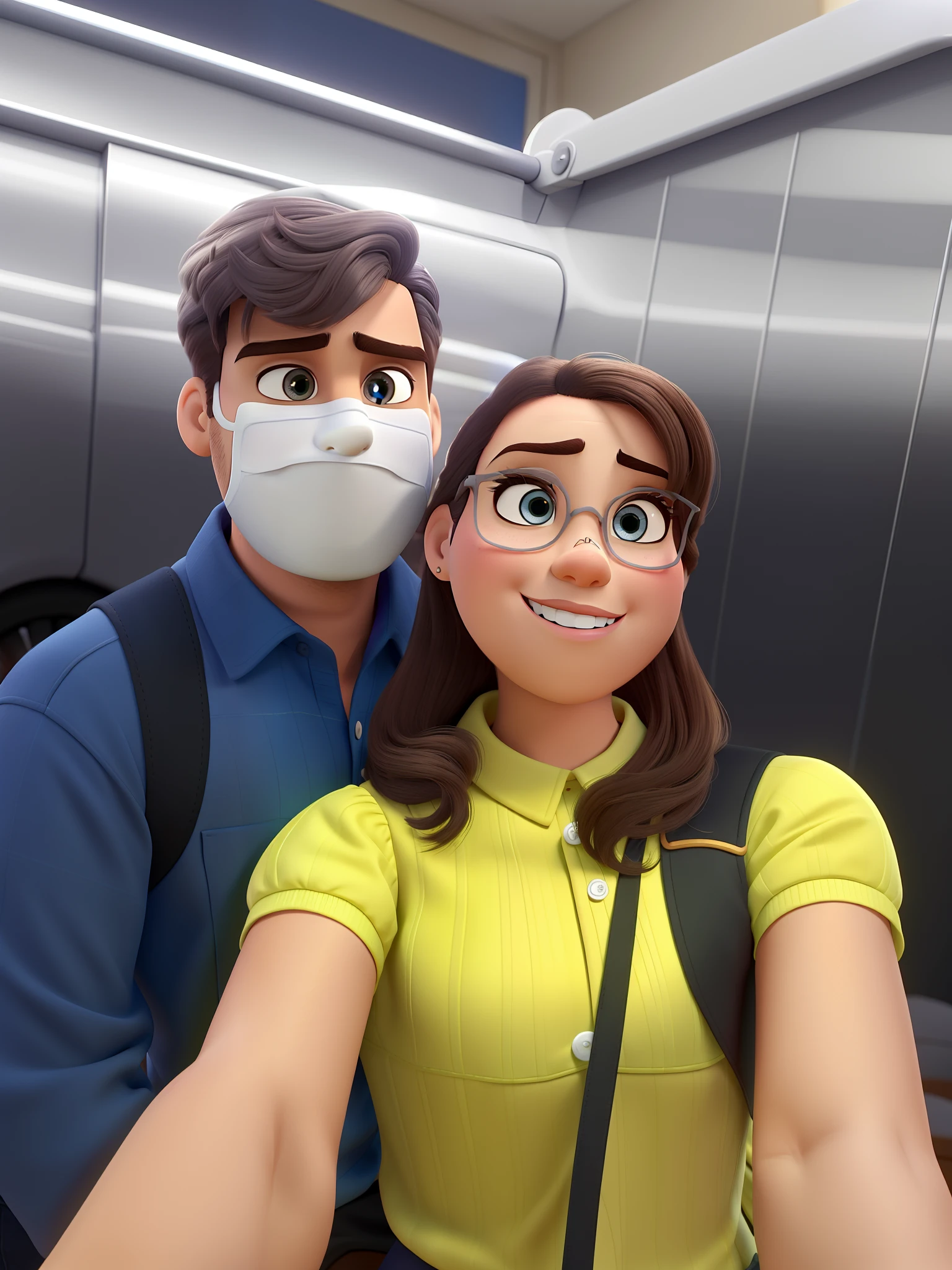Casal estilo disney pixar melhor qualidade alta qualidade. Homem branco, cabelos e olhos castanhos escuros, usando mascara covid. Mulher branca, olhos castanhos.