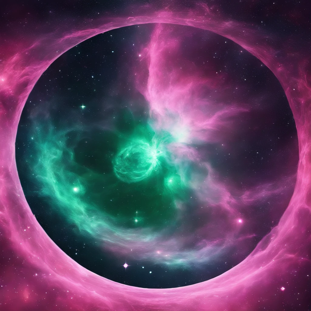 pink nebula with green details in it. background is a black hole with lots of stars