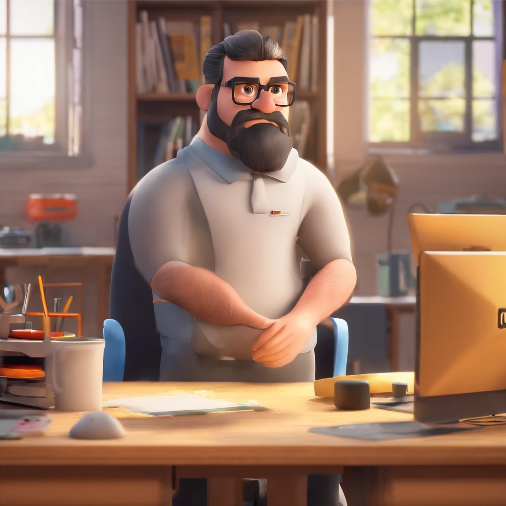 Criar um personagem no estilo Pixar. Trata-se de um homem de 40 anos, com barba rala, moreno, com cabelos preto estilo asa delta, e olhos castanhos. Ele deve estar na frente de um computador, montando uma palestra