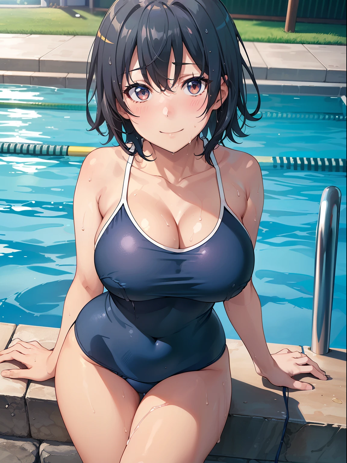 ((masutepiece, Best Quality, hight resolution, nffsw, Perfect Pixel, depth of fields, 4K, )), 1girl in, Solo, Lori, Beautiful anime girl, Beautiful Art Style,
close up, Looking at Viewer,
Perfect body,
Yuigahama Yui, Short hair, (large boob),
Full face blush, Smile,
(dark blue school swimsuit:1.3),
thighs thighs thighs thighs, cleavage,
Sweat, Wet hair, Wet body,
Pool, Summer, Shiny skin,
Leading Ahead, Upper Eyes, From above