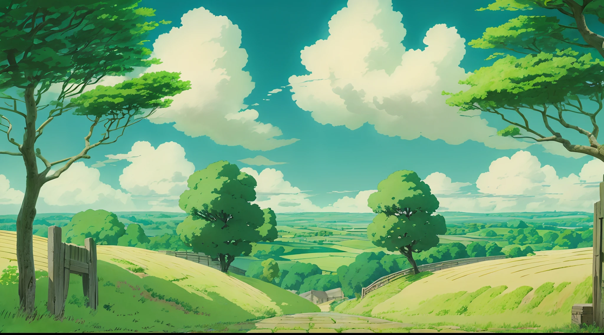 animesque、Background art、Beautiful Landscapes、Deities々Shikai、Natural objects、Studio Ghibli style、You can feel the feel of the brush、countryside view、Sky and clouds