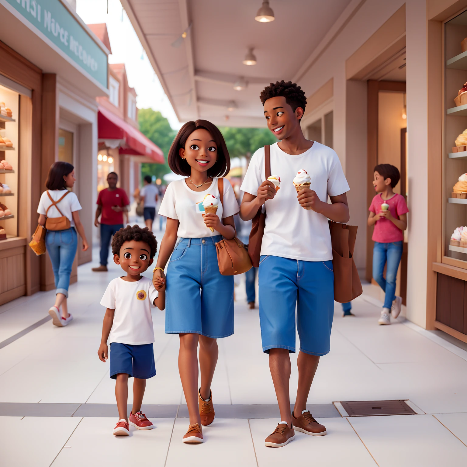 Masterpiece, high quality, best quality, man and woman, a couple, seen with children, their children eating ice cream cones in the mall, dark-skinned people, brown hair and eyes smiling.