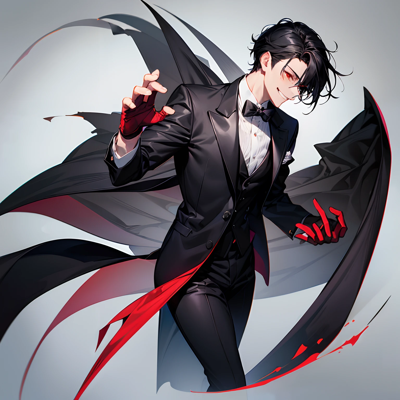 Elegant handsome man with purple pupils, wearing a black shirt, black trousers, short black hair, (top quality, 8k, high, masterpiece), highly detailed facial features, intricate details, natural lighting, warm color, soft focus, digital painting, fantasy art, silhouette, red light, eerie atmosphare, dark aura, black particles, perfect eyes, beautiful eyes, adult male.