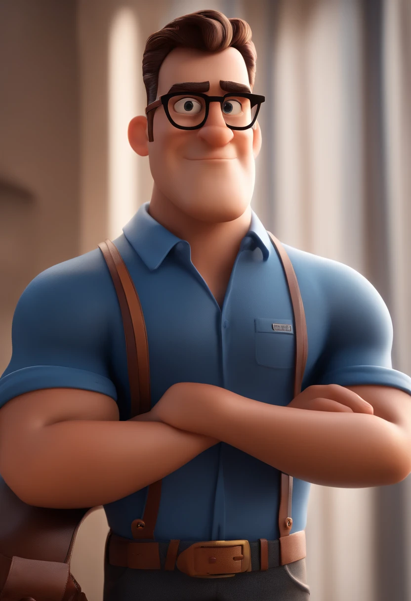 Cartoon character of a man with black glasses and a blue shirt, animation character, Caractere estilizado, animation style rendering, 3D estilizado, Arnold Maya render, 3 d render stylized, toon render keyshot, Personagem 3D, Personagem 3D, 3d rendering stylized, 3 d character render, personagem de desenho animado, Personagem de close up, Pose de personagem,  (Estilo Pixar) (master part:1.2) (Bokeh) (best quality) (pele detalhada) (textura detalhada) (8k) (argila) (Cinematic lighting) (foco nítido