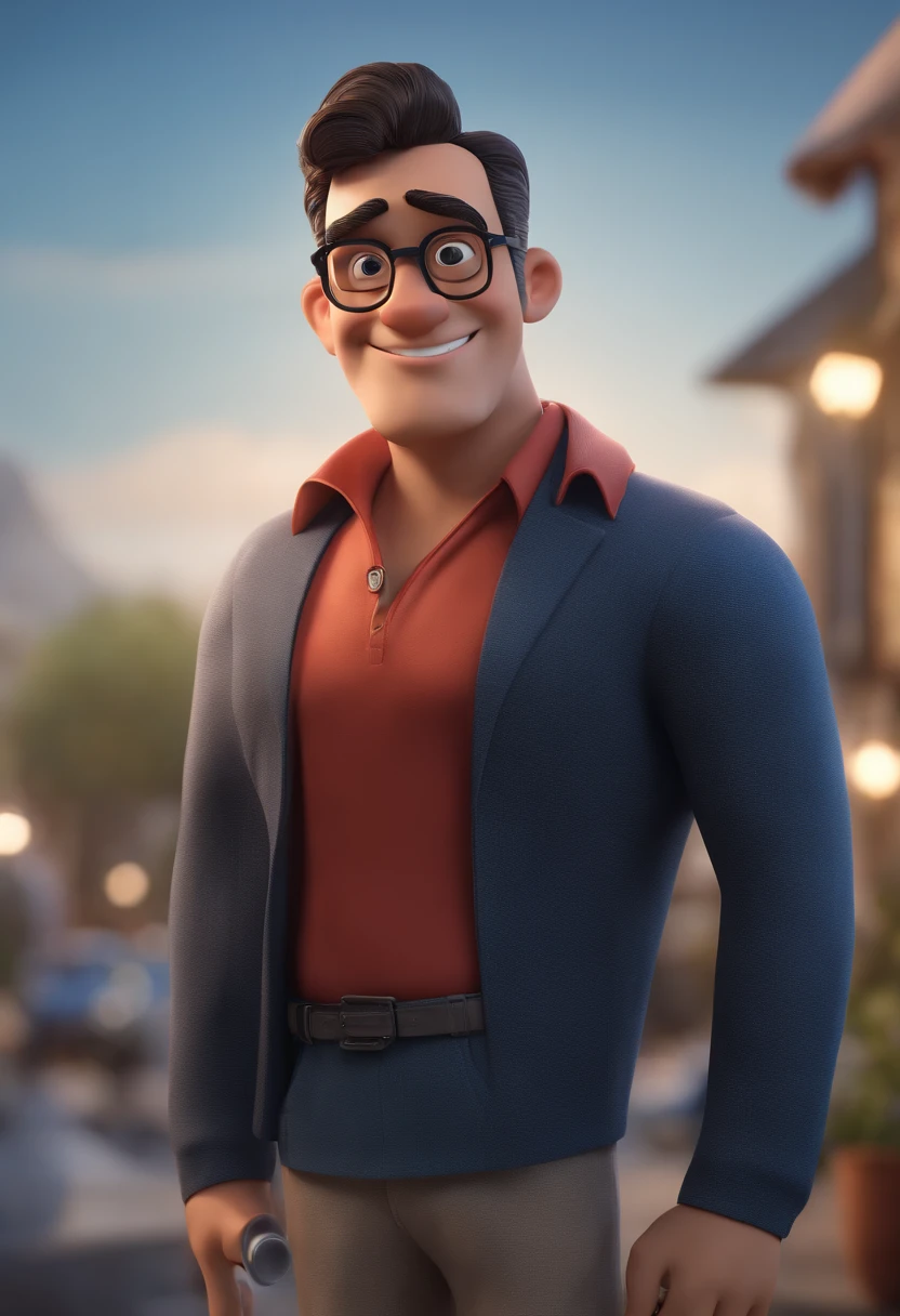 Cartoon character of a man with black glasses and a blue shirt, animation character, Caractere estilizado, animation style rendering, 3D estilizado, Arnold Maya render, 3 d render stylized, toon render keyshot, Personagem 3D, Personagem 3D, 3d rendering stylized, 3 d character render, personagem de desenho animado, Personagem de close up, Pose de personagem,  (Estilo Pixar) (master part:1.2) (Bokeh) (best quality) (pele detalhada) (textura detalhada) (8k) (argila) (Cinematic lighting) (foco nítido