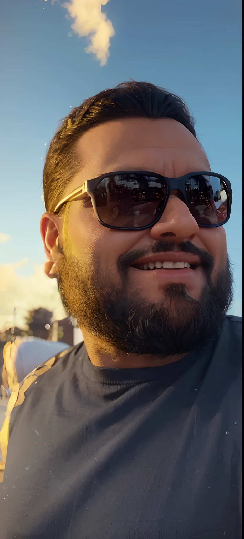 Rapaz de 37 anos, com oculos escuro, sorrindo e com camisa preta. Barba meio cheia, dentes do meio afastados, Na imagem o homem deve estar rindo. o estilo da imagem deve ser ser pixar- disney 3d. Caractere estilizado, animation style rendering, 3D estilizado, Arnold Maya render, 3 d render stylized, toon render keyshot, Personagem 3D, Personagem 3D, 3d rendering stylized, 3 d character render, personagem de desenho animado, Personagem de close up, Pose de personagem, (Estilo Pixar) (master part:1.2) (Bokeh) (best quality) (pele detalhada) (textura detalhada) (8k) (argila) (Cinematic lighting) (foco nítido