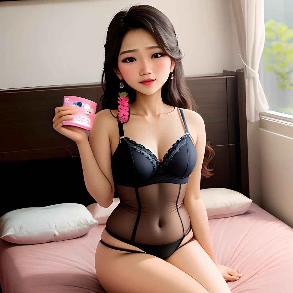 Seorang wanita dewasa yang cantik berambut panjang berwarna pink menggunakan lingerie tembus pandang berwarna pink sedang duduk di atas kasur putih dan menyembunyikan tangan di balik tubuhnya dan membuka kedua kakinya kedepan sambil menatap dengan tatapan yang menggoda dan penuh gairah