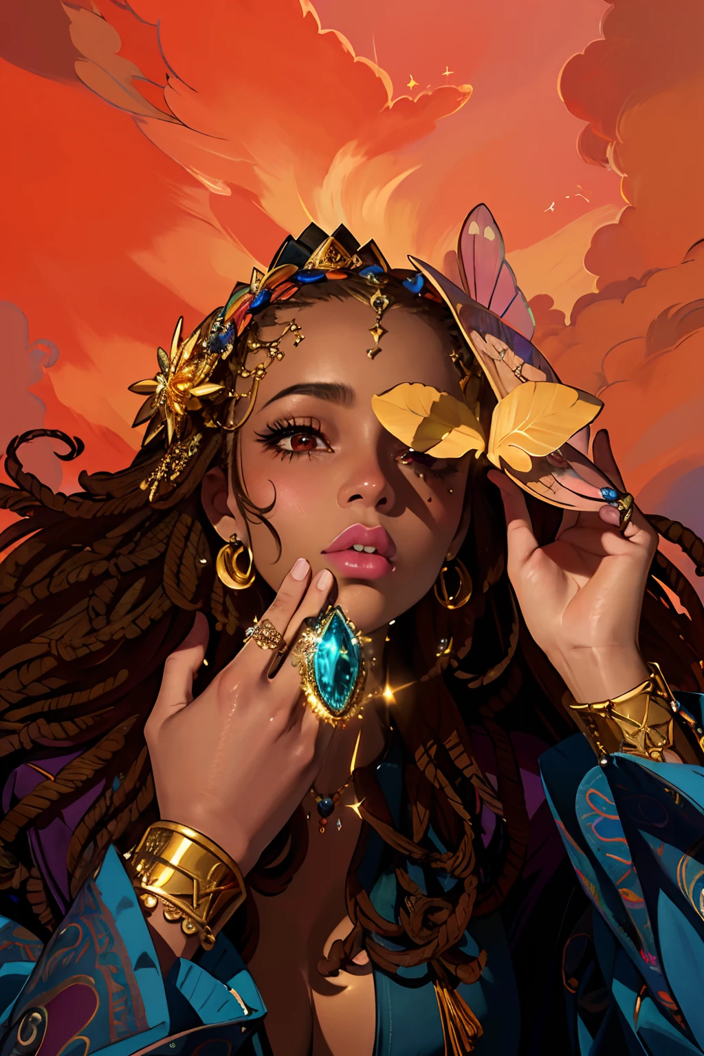 (ultra-detailed, highres, realistic:1.37), colorful, beautiful detailed eyes, beautiful detailed lips, long eyelashes, African girl, expressive face, dark skin, natural hair, vibrant colors, intricate patterns, ethereal moth, surreal atmosphere, fine art, portrait, vivid lighting, large nose, golden items, shiny, beautiful orange and pink sky.