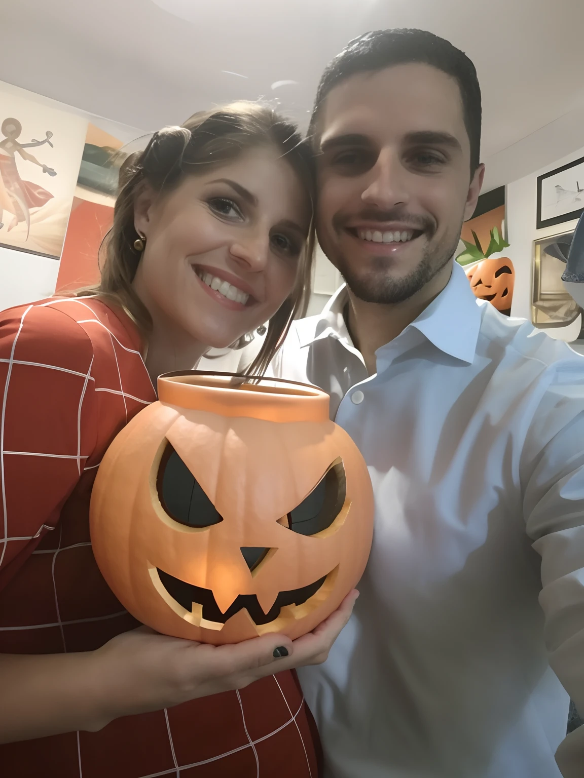 Man and woman holding a pumpkin-shaped vase in a room, halloween celebration, segurando um jack - o - lanterna, dia das bruxas, imagem de perfil, ๐ฐ ๐ โ ๐, Em um estilo de Halloween, foto de perfil, Postagem no Reddit, foto do perfil, Atmosfera de Halloween, ๐๐๐โบ๐๐๐, Casal feliz, foto assustadora, Travessuras ou gostosuras