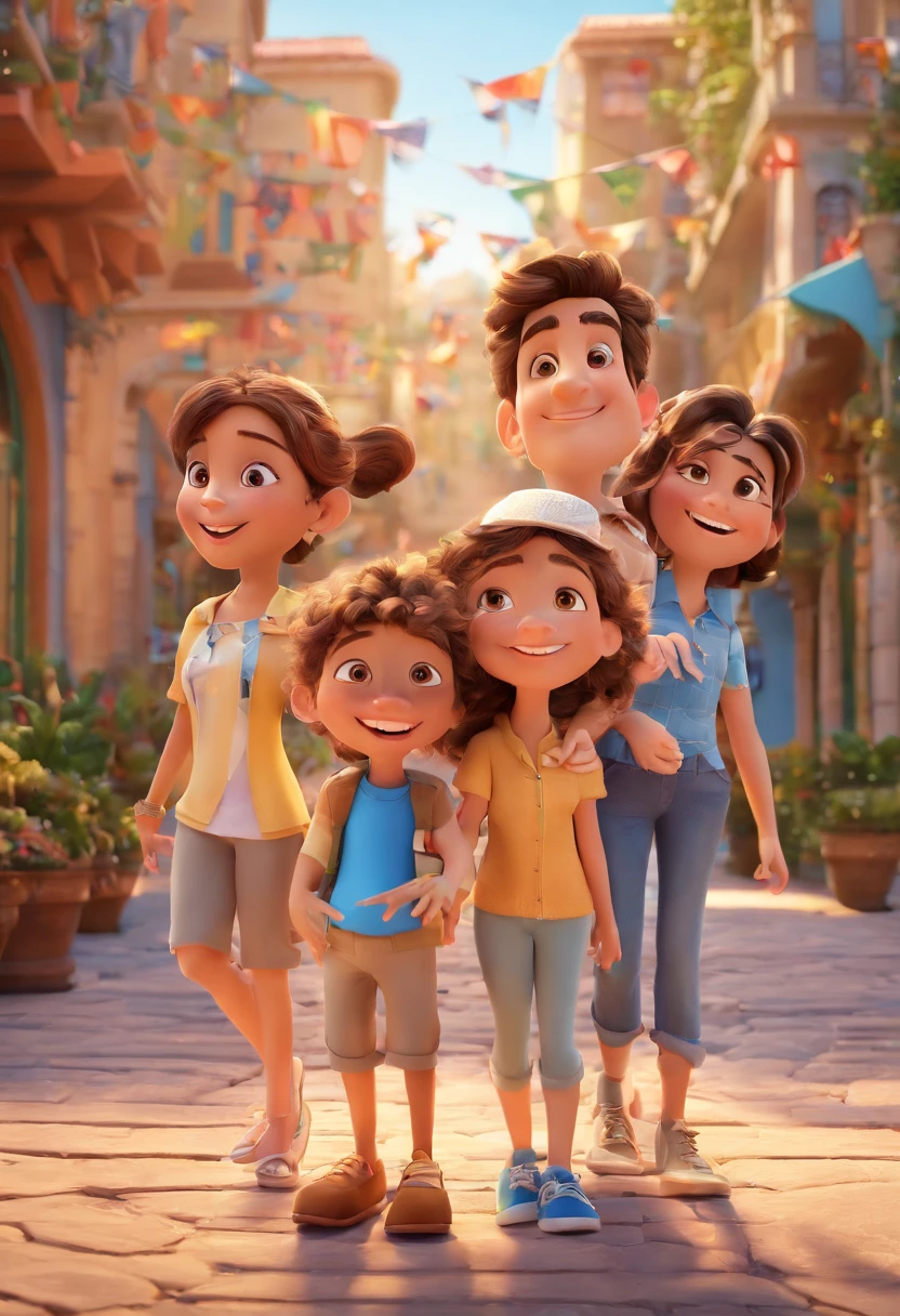Cartoon of friends having fun on vacation together, 3D Animation Movie Poster, Poster de filme animado, pixar 3 d animation style, pixar renderman rendering, maia 8 mil, animated film, Disney Pixar Estilo 3D, amigos felizes saem juntos, all wearing light blue shirts and cream brown long pants, camisa azul clara, cream brown pants, ao ar livre, vacation, Disney Pixar Animation Poster