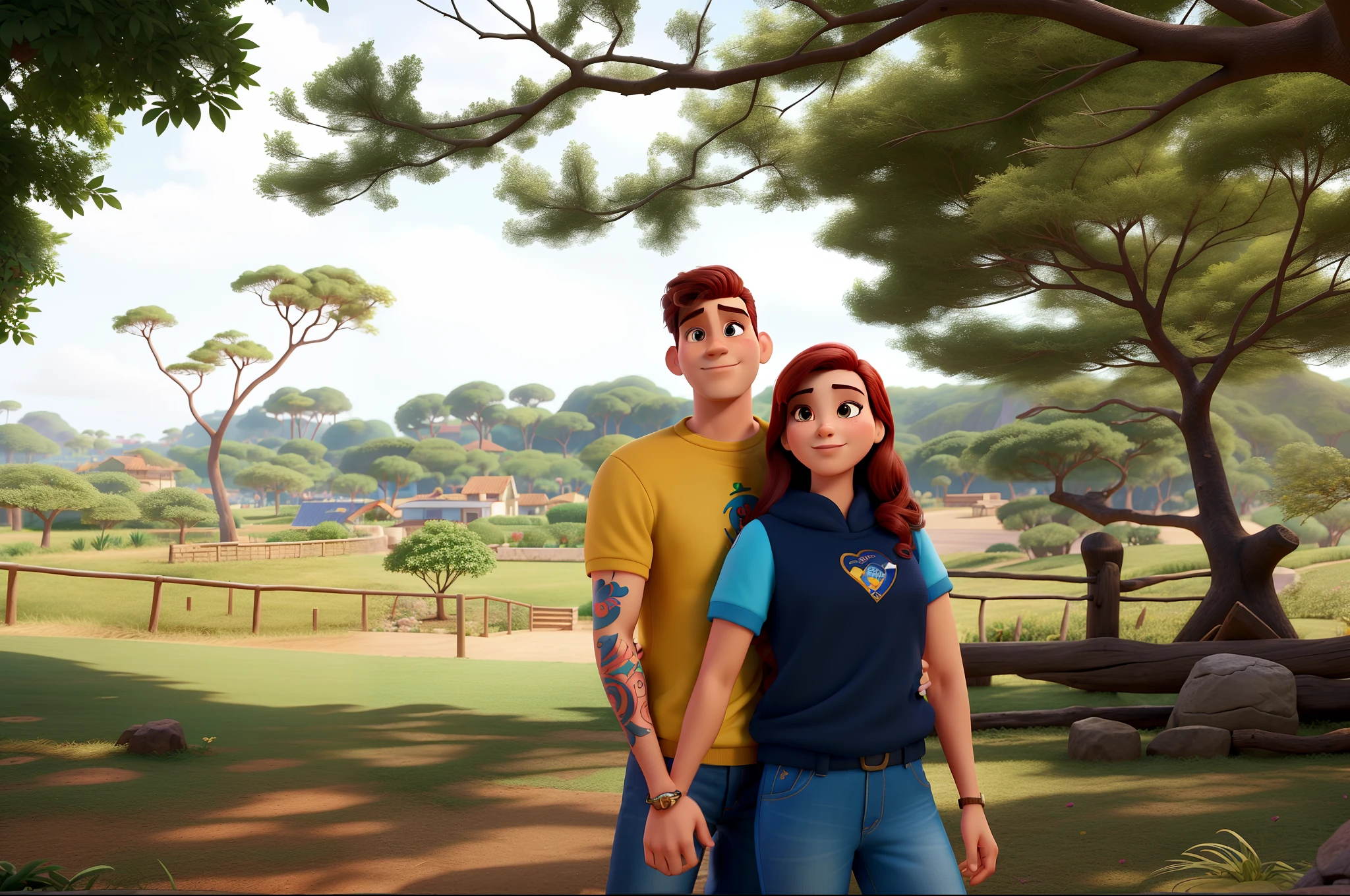 Casal (homem moreno e mulher branca) no estilo Disney Pixar, alta qualidade, melhor qualidade.