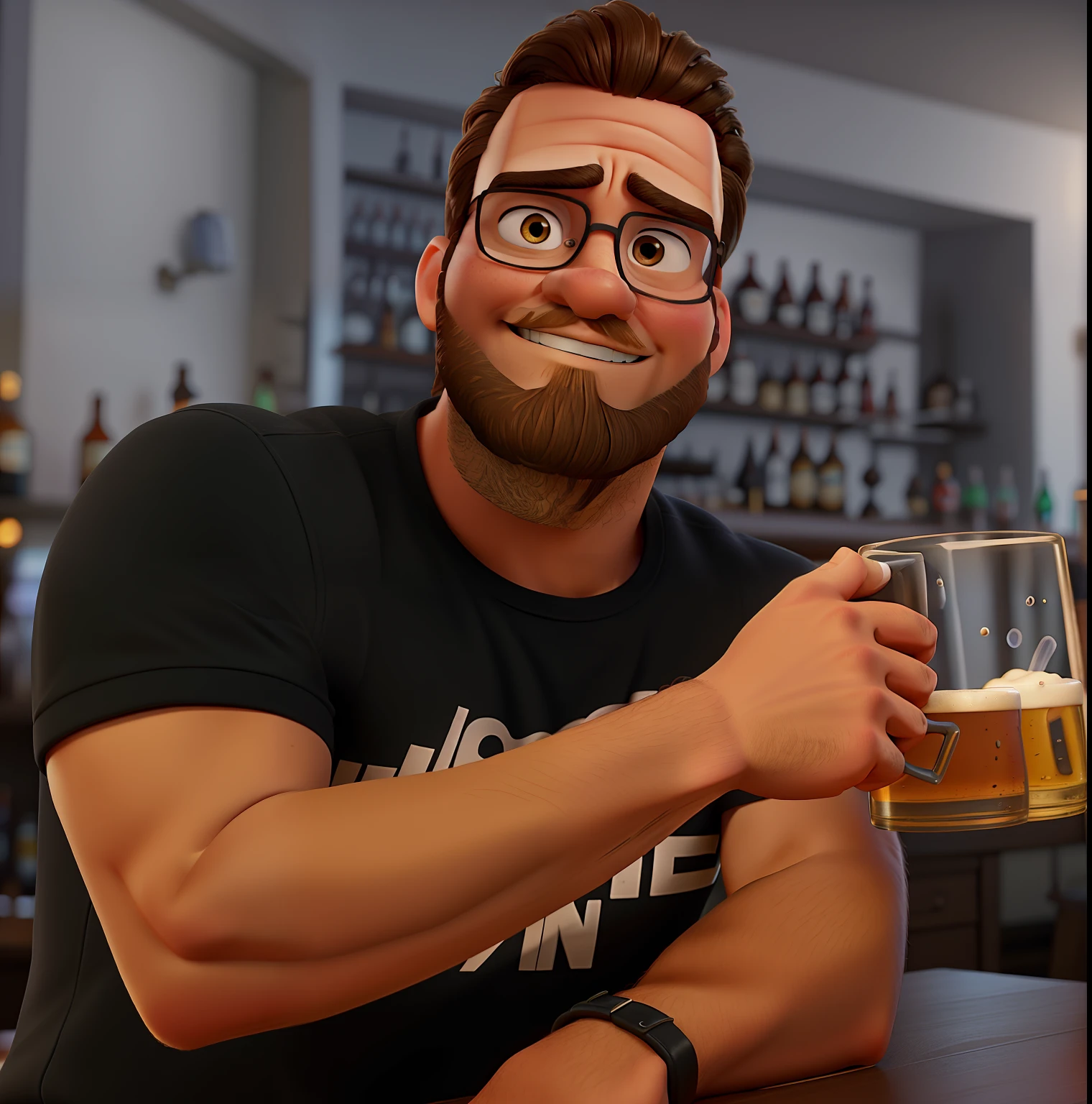 Poster in Disney pixar style, high quality, best quality, sexy light brunette man, 34 years old, wide forehead, quiff hair, black beard, muscular, holding a mug of beer, in a bar background with low light.