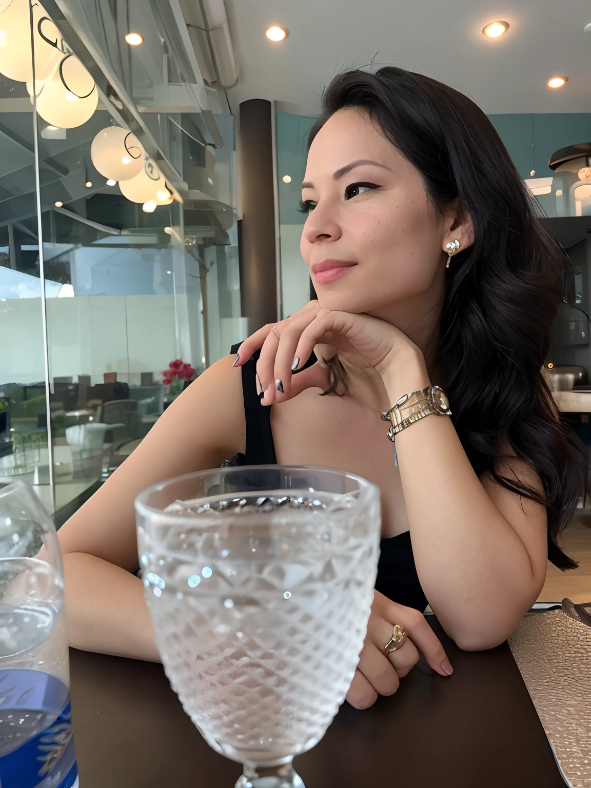 There's a woman sitting at a table with a glass of water, sitting at a café, sentado em um lounge, hand on her chin, sitting on table, Absorto em pensamentos, sitting in a cafe alone, Directed by: Siona Shimshi, looking to the side off camera, retrato de uma mulher de 40 anos, Directed by: Nandor Soldier