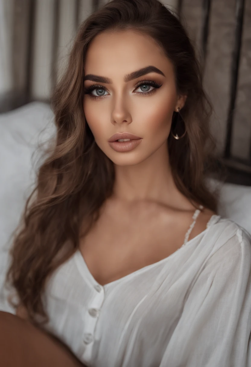 Arafed Mujer totalmente , Chica sexy con ojos marrones, ultra realista, meticulosamente detallado, Retrato Sophie Mudd, brown hair and large eyes, selfie de una mujer joven, Ojos de Dubai, Violeta Myers, sin maquillaje, Maquillaje natural, staring directly into camera, cara con artgram, maquillaje sutil, Impresionante foto de cuerpo completo arrodillado en la cama, En el dormitorio, Medium to large size bust