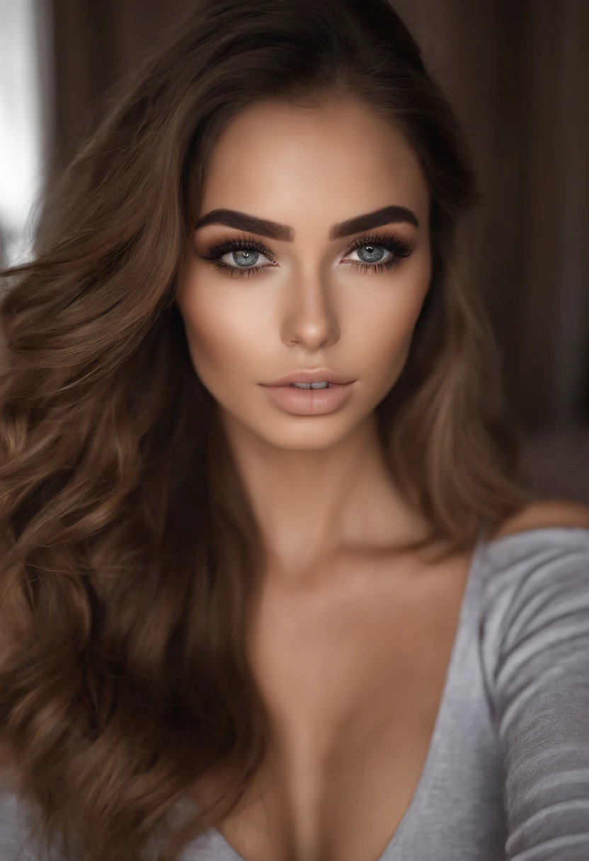 Arafed woman completely , fille sexy aux yeux bruns gros seins, ultra realist, Meticulously detailed, Portrait Sophie Mudd, cheveux bruns et grands yeux, selfie of a young woman, Dubai Eyes, Violet Myers, sans maquillage, maquillage naturel, looking straight at camera, Visage avec Artgram, Maquillage subtil, Great photo of the whole body standing in underwear, dans la chambre, Medium to large bust