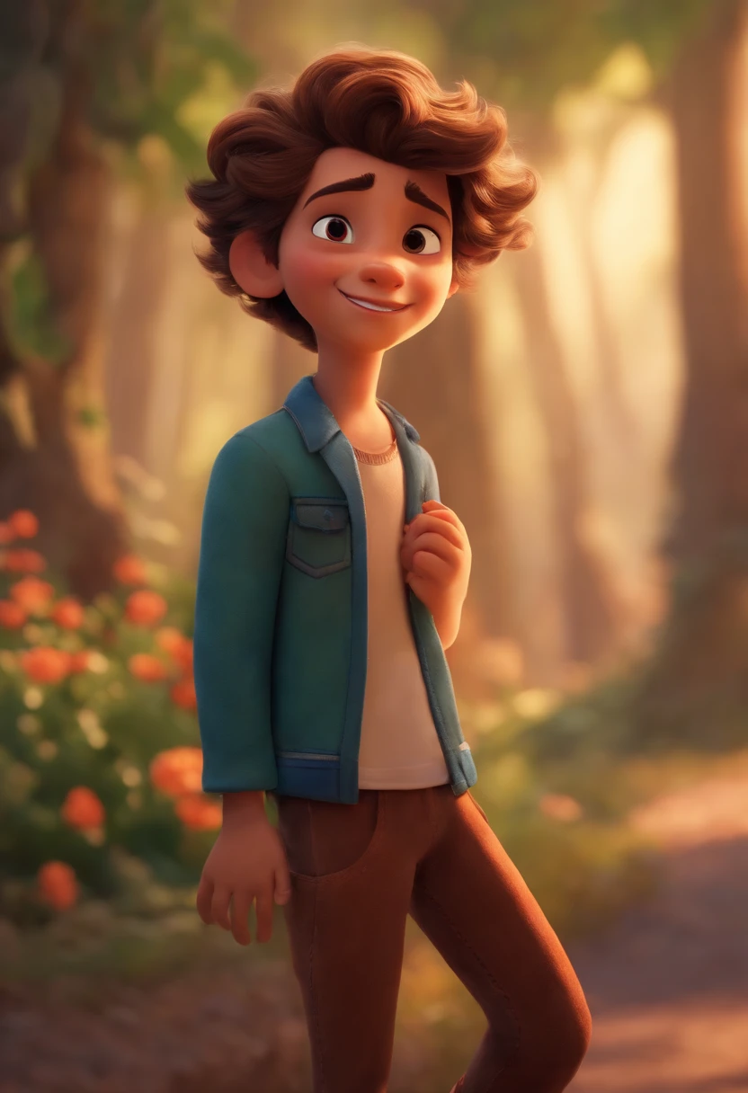 Image of a boy for a story in a YouTube video in Pixar format, He's the  allabester, He's the class leader, He's outgoing, Playful and gets up for a lot of things, cabelo curto