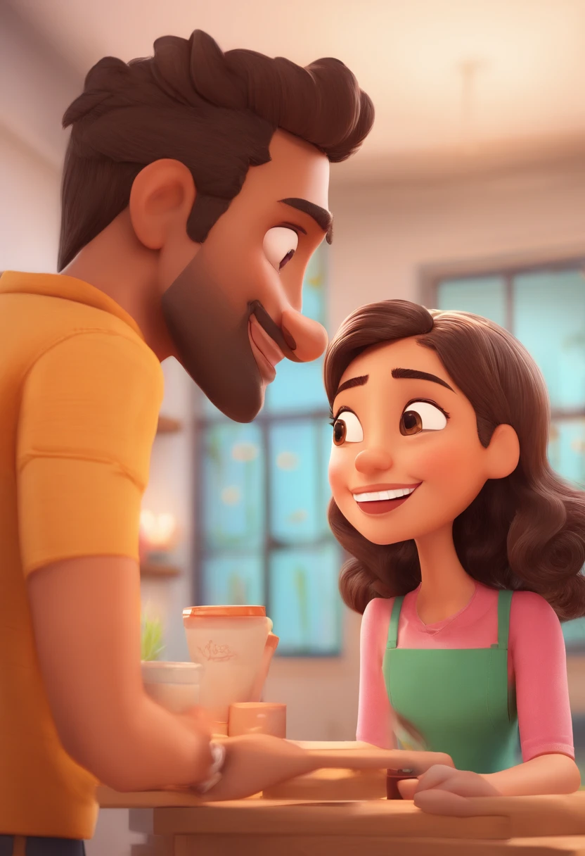 An illustration of an adorable couple, destacando um homem e uma mulher com bonito, Expressive eyes – the man's skin is black and the man's hair is bald and black, while the woman's skin is black and the woman's hair is curly and brown. They are a bright room, cada um com um sorriso no rosto, e compartilhar um momento especial caracterizado pelo amor, arroz, e insights educacionais. Illustrate this scene from a perspective where they are facing away from the camera, Showing Your Connection. Desenvolva esta arte em Full HD, Focus on your cinematic touch, Estilo Disney Pixar Animations