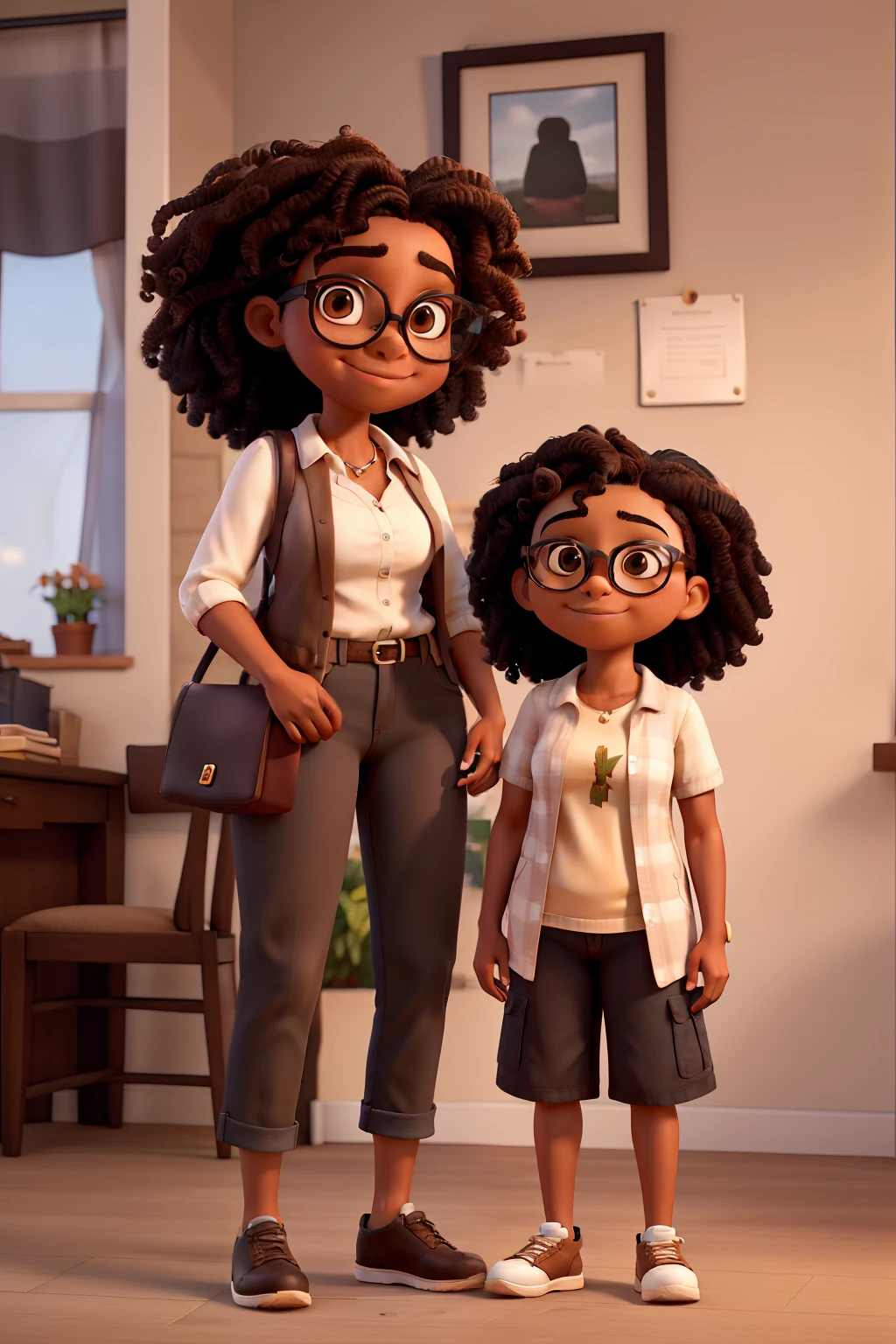 Mother and daughter daughter of 15 no's with light skin, brown hair and wears glasses, short mother, black curly hair, more or less dark skin, wears glasses