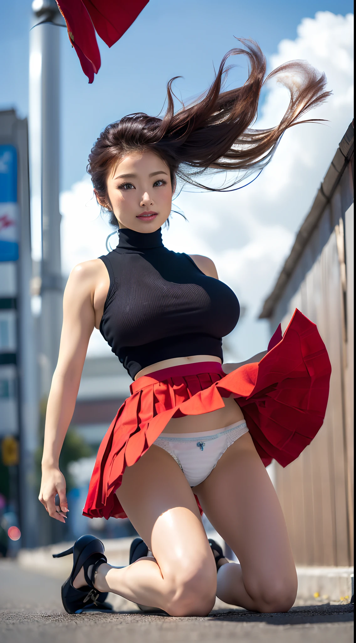 8K、超A high resolution、The ultra -The high-definition、An ultra-high picture quality、Ultrarealistic、Best Quality、masuter piece)(a Pretty Japanese woman、Black Hair Shortcut Hair:1.18)(Colossal tits、Pretty big breasts、toned body:1.18)(White Sleeveless Turtleneck、Red pleated mini skirt、String T-back、Black Pin Heels:1.28)(Bend your knees quite large to the side、Kneel on the street with your legs wide open to the side:1.3)(Skirt fluttering in the wind、windyupskirt、tpskirtpanties:1.7)