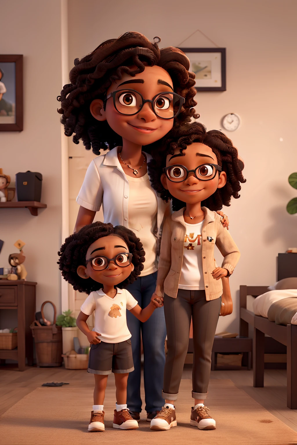 Mother and daughter daughter of  no's with light skin, brown hair and wears glasses, short mother, black curly hair, more or less dark skin, wears glasses