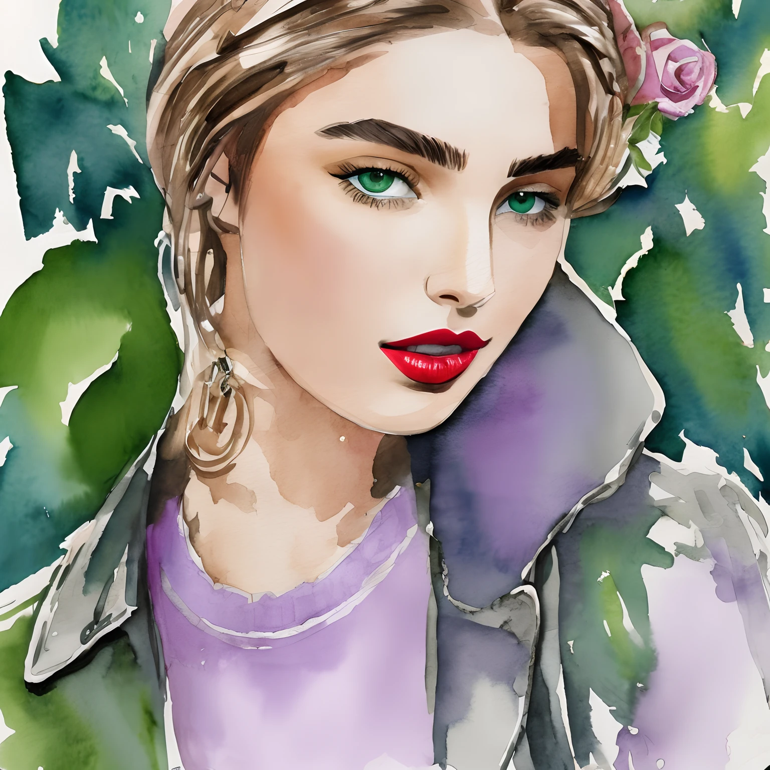 David Downton fashion illustration, watercolor drawing, light brown blonde thin hair, Andreea Diaconu, cute face, green eyes, rose lipstick, lilac sweatshirt, gray leather jacket, orange autumn leaves