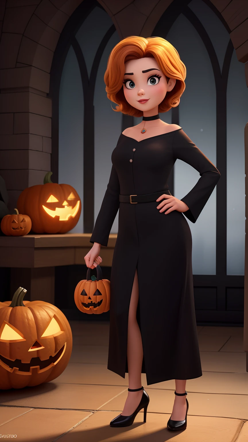 Mulher cabelos pretos 35 anos com boneco assassino no Halloween em Salem estilo pixar