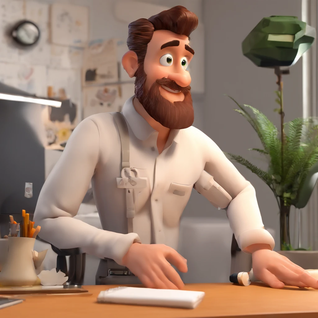 Criar um personagem no estilo Pixar. Trata-se de um homem de 30 anos, com barba, Branco, com cabelos castanhos curtos e um quiff, e olhos castanhos. Ele deve estar na frente de um computador, Trabalhar como designer