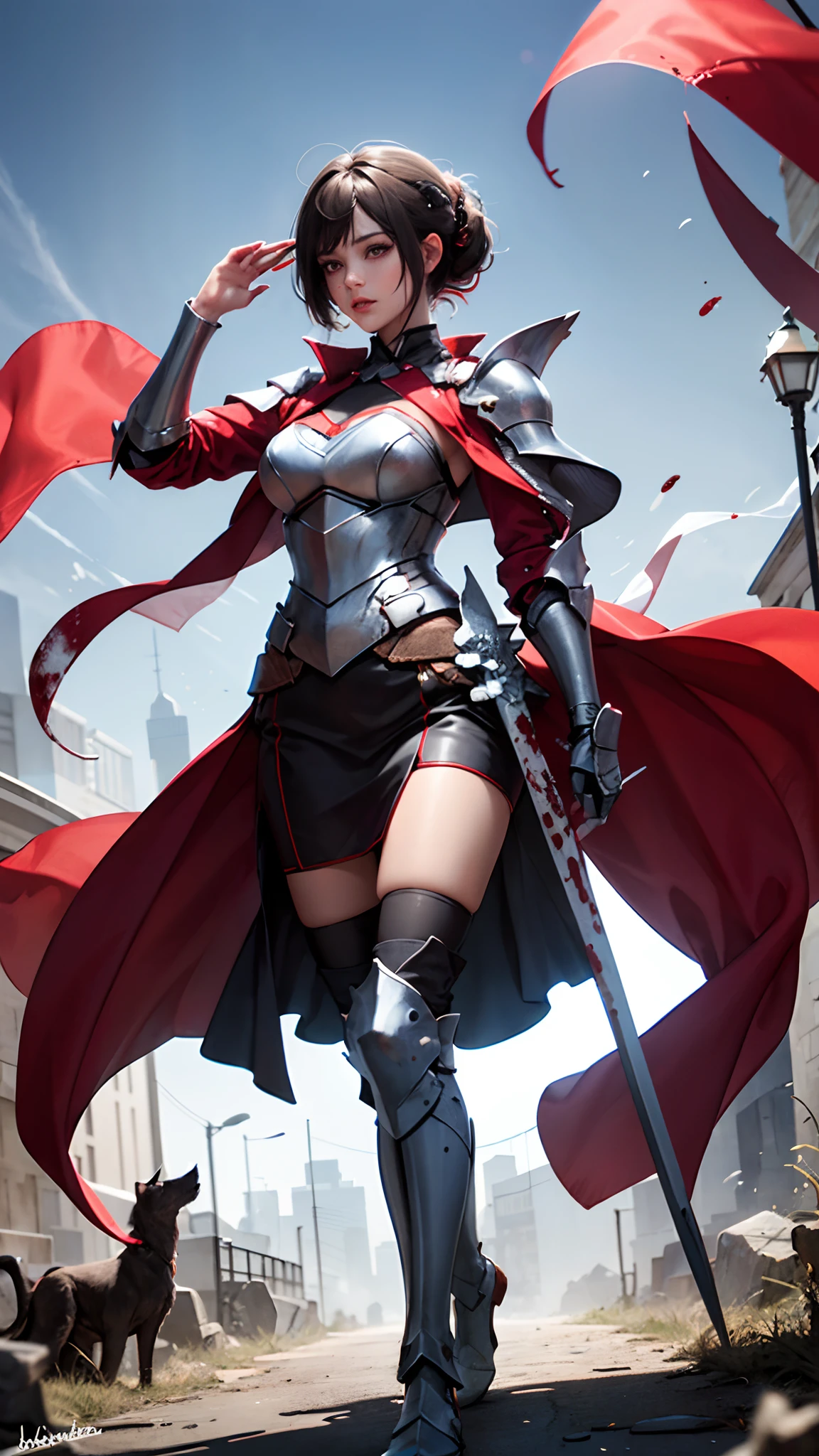 Female knight covered in blood