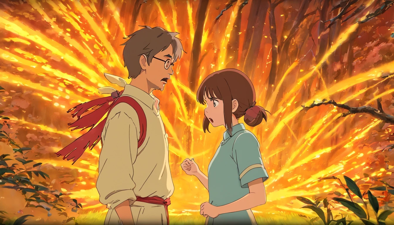 Studio Ghibli inspired, a couple arguing heatedly. Expressions of anger and frustration.