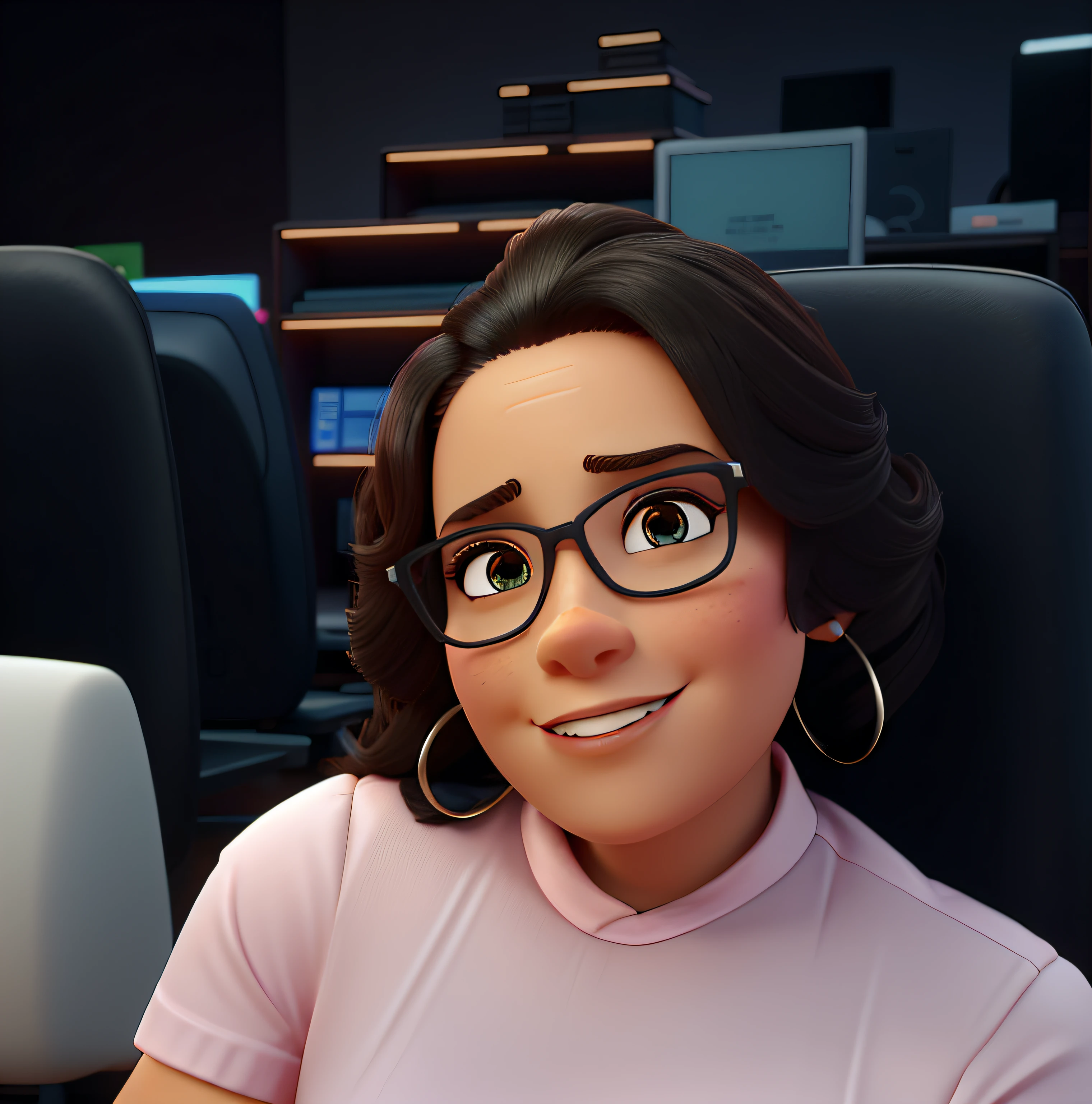 A woman businesswoman, com pele clara, olhos castanhos e cabelos pretos, Trabalhando em um computador, Set against the backdrop of a marketing office, estilo Disney Pixar, alta qualidade