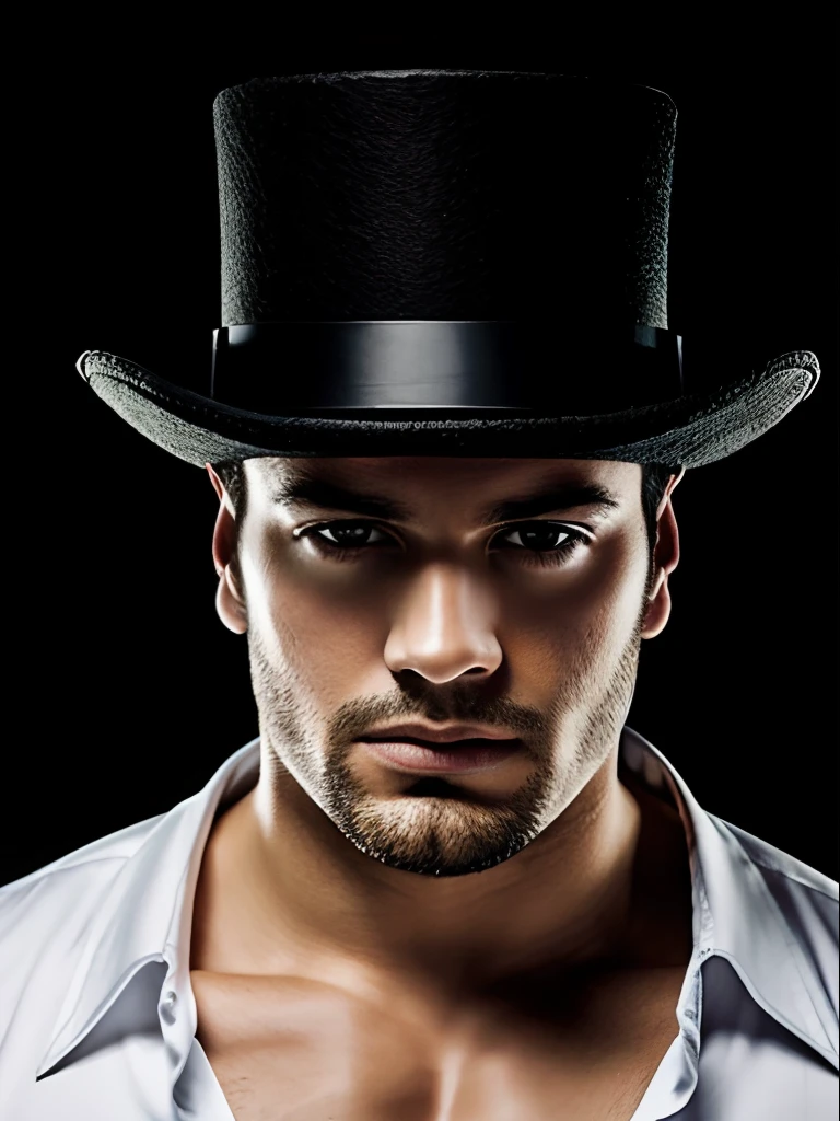 Homem branco, hair behind ear, Mini Top Hat, olhos loucos, louco, character chart, Enquadrado, tiro largo, Fujifilm, 85 millimeters, realismo, pele texturizada, master part, Altas, best quality, Super Detalhe, anatomicamente correto