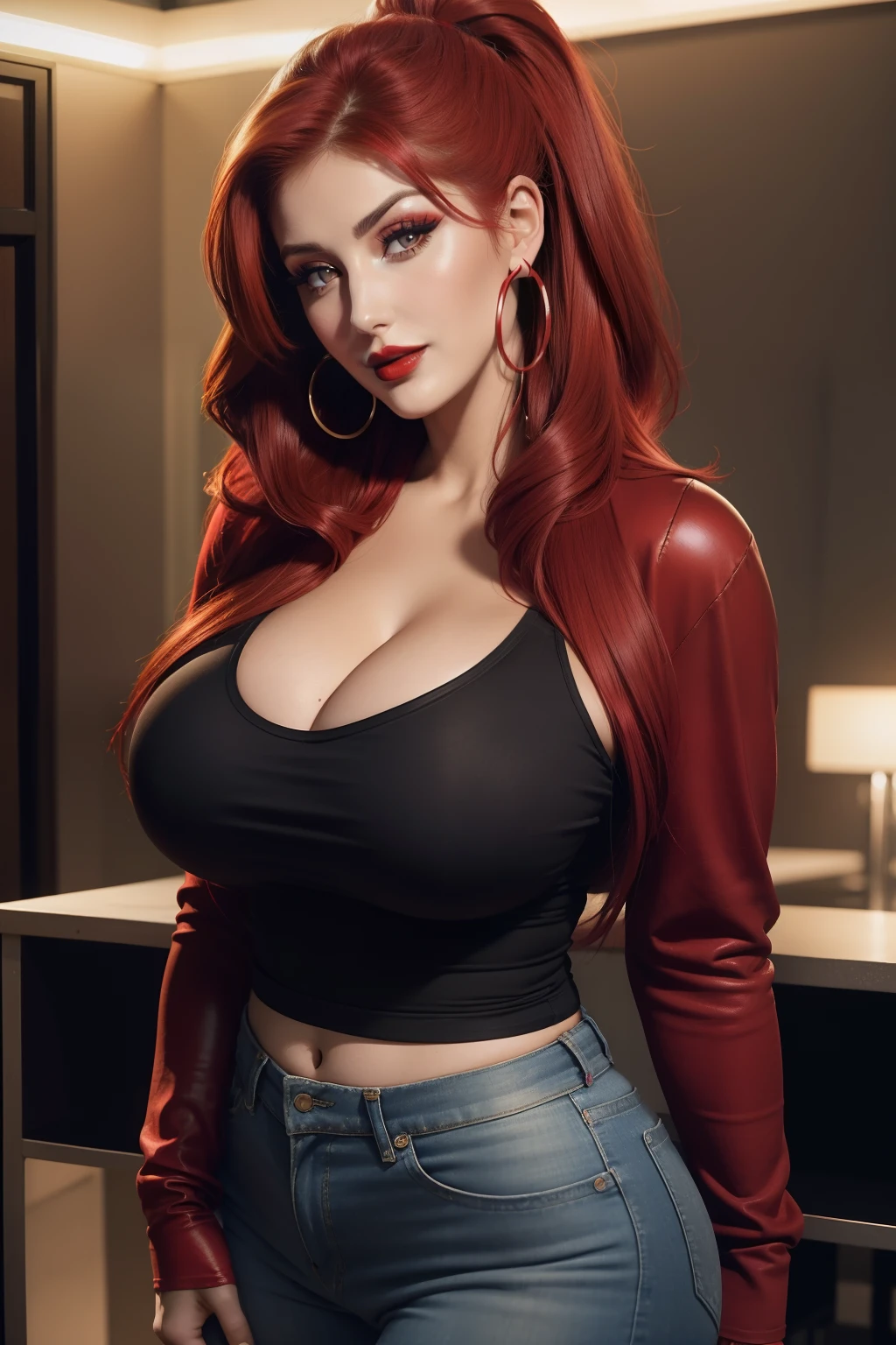 Lucy Pinder, Face portrait, Beautiful face, smiling, cleavage, red hair, straight hair, Ponytail, Hoop earrings,((Very intense makeup)), ((Red lipstick)), long sleeve t-shirt, black t-shirt , blue jeans, beautiful buttocks, ((Voluptuous woman)), cleavage