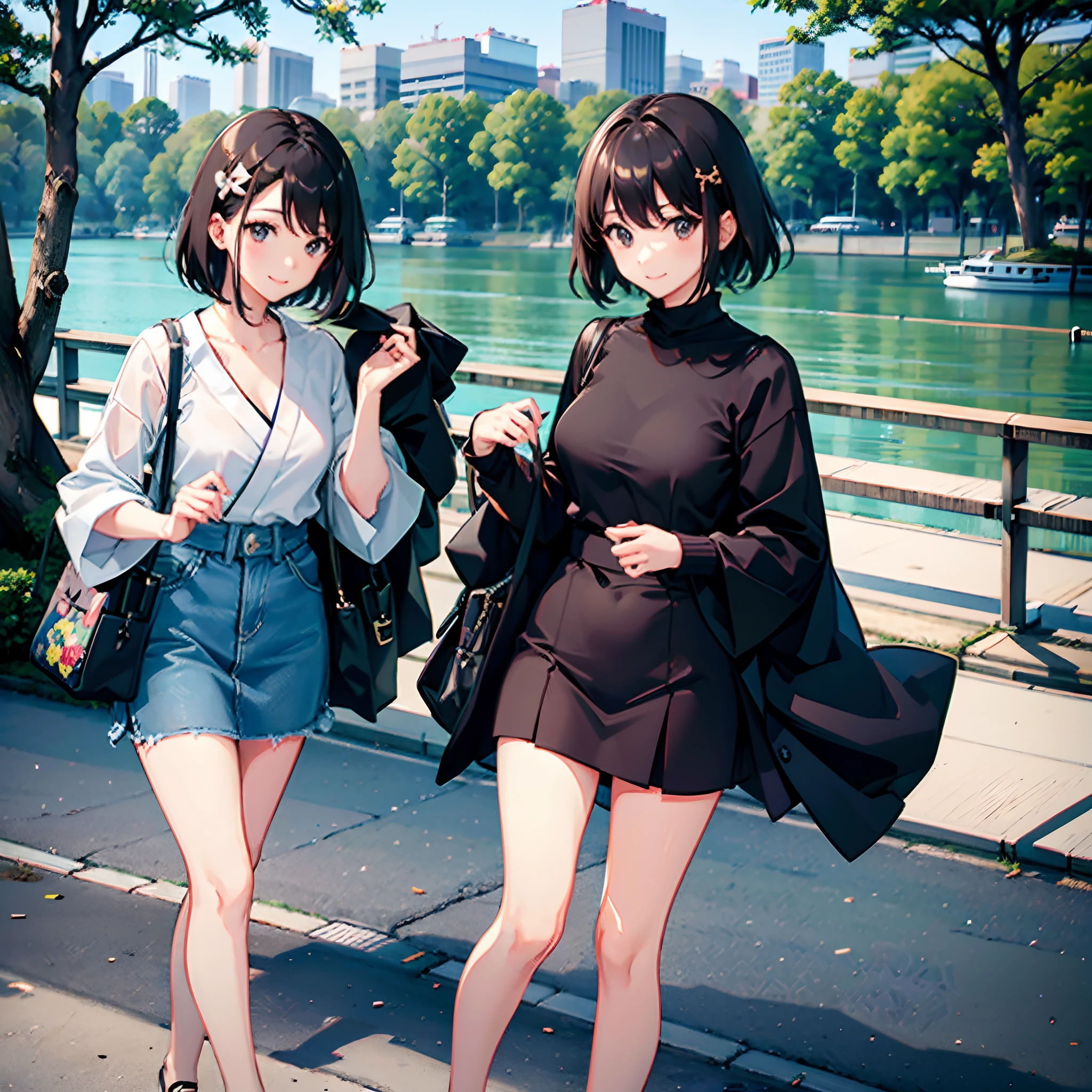 Two Japan women exposed in a park on the Sumida River in Japan、She was a 27-year-old woman with loose, fluffy short hair and lobbed hair、One is a 31-year-old woman with small breasts and a dark brown lob、The two are having fun、small tits、Small、discreet breasts、street snap、Adult Women's Plain Clothes、Sheer feeling、Beautuful Women、Looking at me with a smile、Underwear shows through