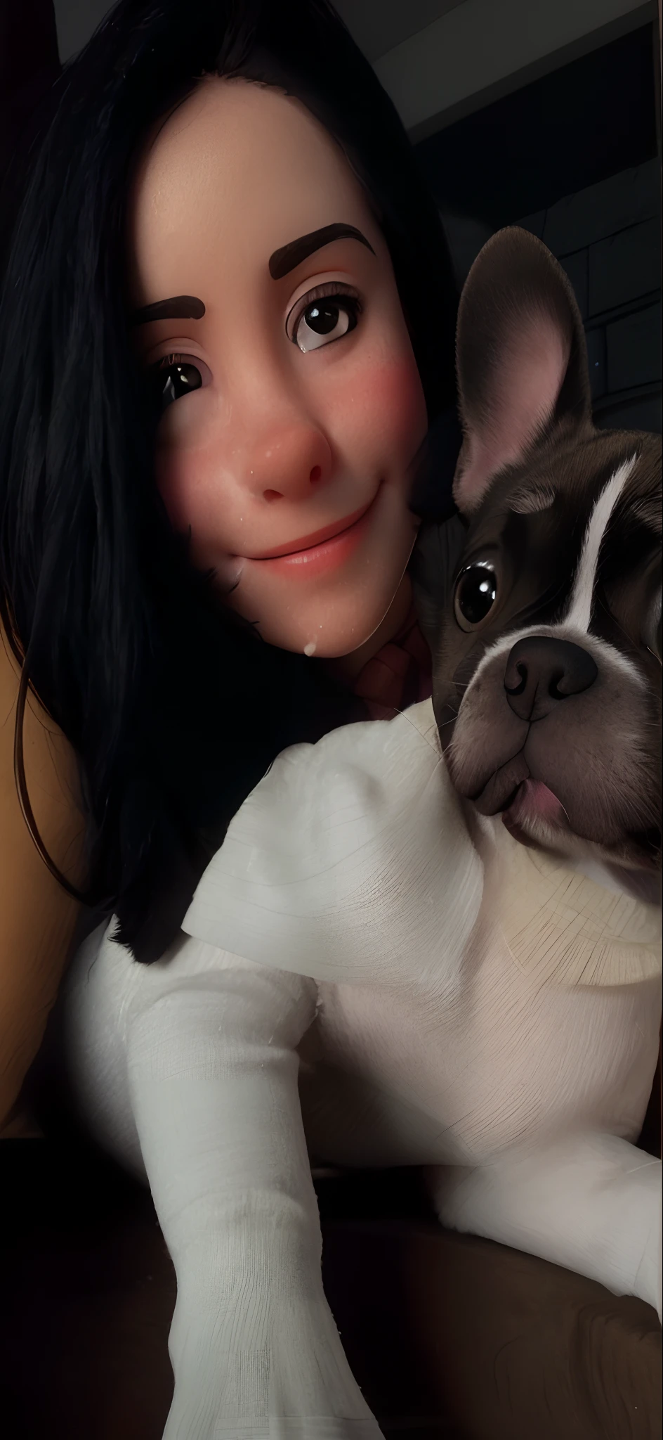 There's a little dog wearing a pink shirt and smiling, french bulldog, ela tem um rosto expressivo bonito, closeup of an adorable, Looking towards the camera, muito elegante, muito ligeiramente sorridente, wearing a sweater, Dog cute, Nice face, ela tem um rosto bonito, usando um capuz rosa, staring directly at camera, She is grinning