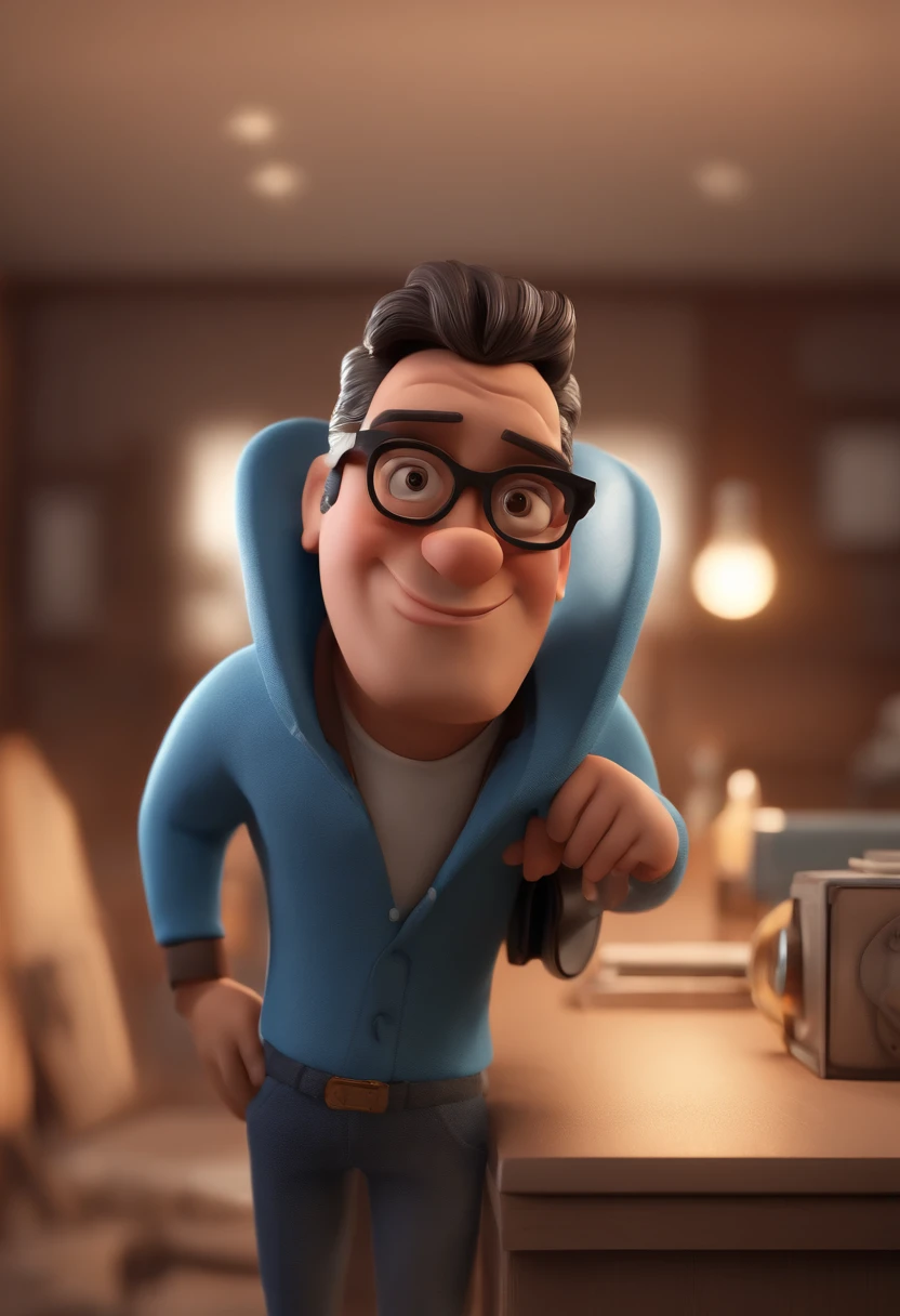 Cartoon character of a man with black glasses and a blue shirt, animation character, Caractere estilizado, animation style rendering, 3D estilizado, Arnold Maya render, 3 d render stylized, toon render keyshot, Personagem 3D, Personagem 3D, 3d rendering stylized, 3 d character render, personagem de desenho animado, Personagem de close up, Pose de personagem, (Estilo Pixar) (master part:1.2) (Bokeh) (best quality) (pele detalhada) (textura detalhada) (8k) (argila) (Cinematic lighting) (foco nítido